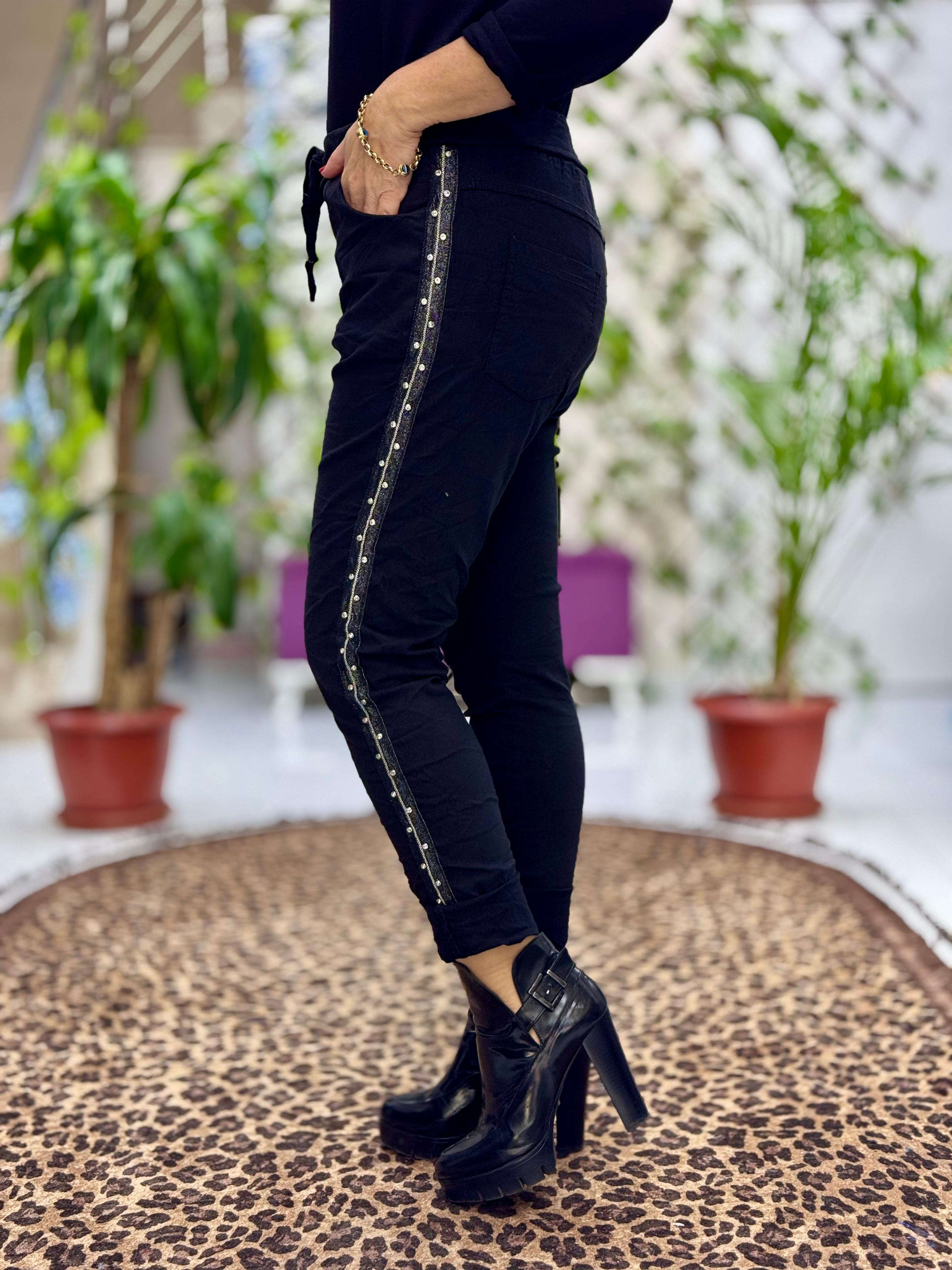 NC50208B İtalyan Yanlar Taşlı Coton Pantolon Siyah