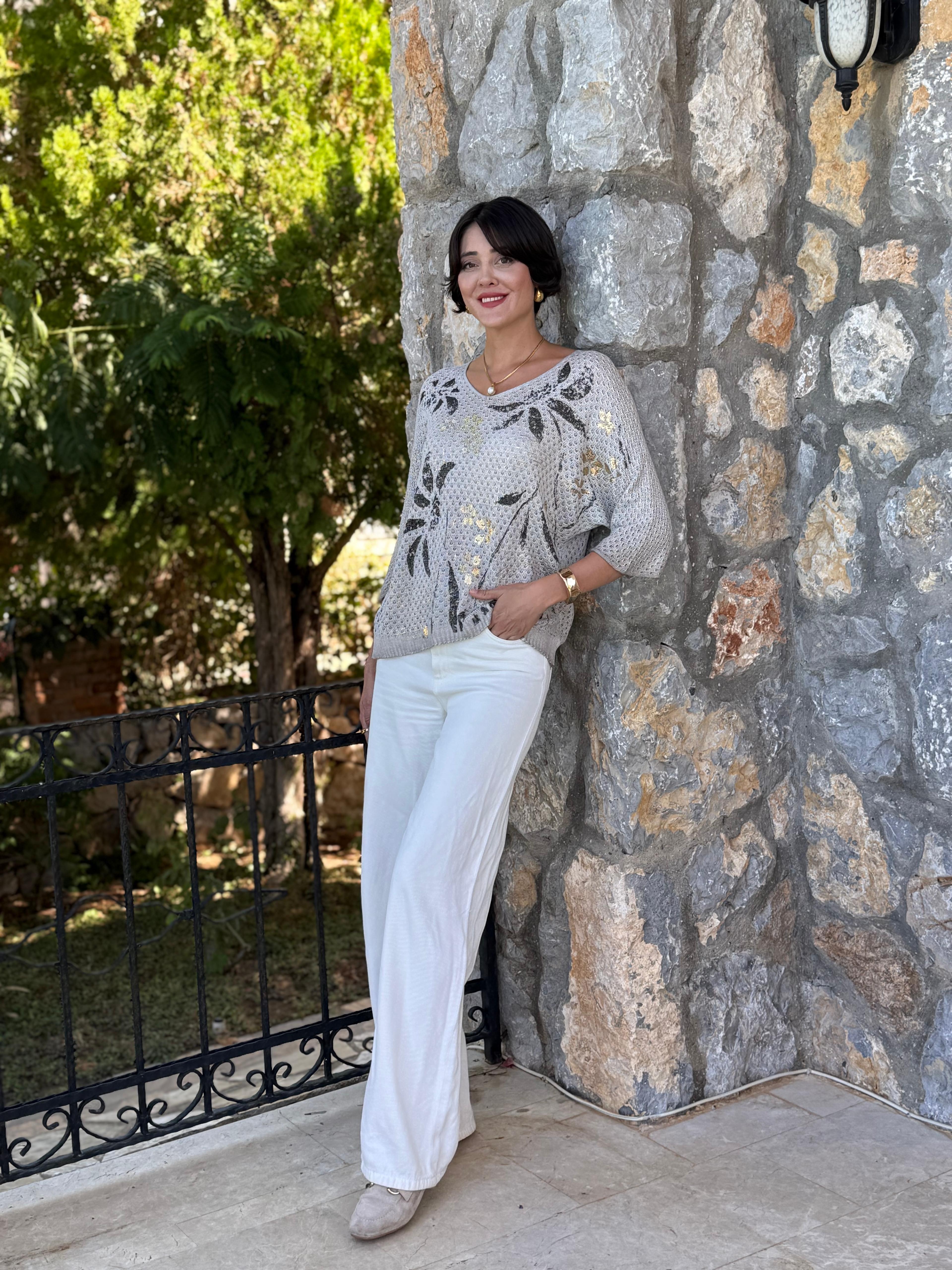 FXLS7514 İtalyan Yaprak Desen Triko Bluz Krem