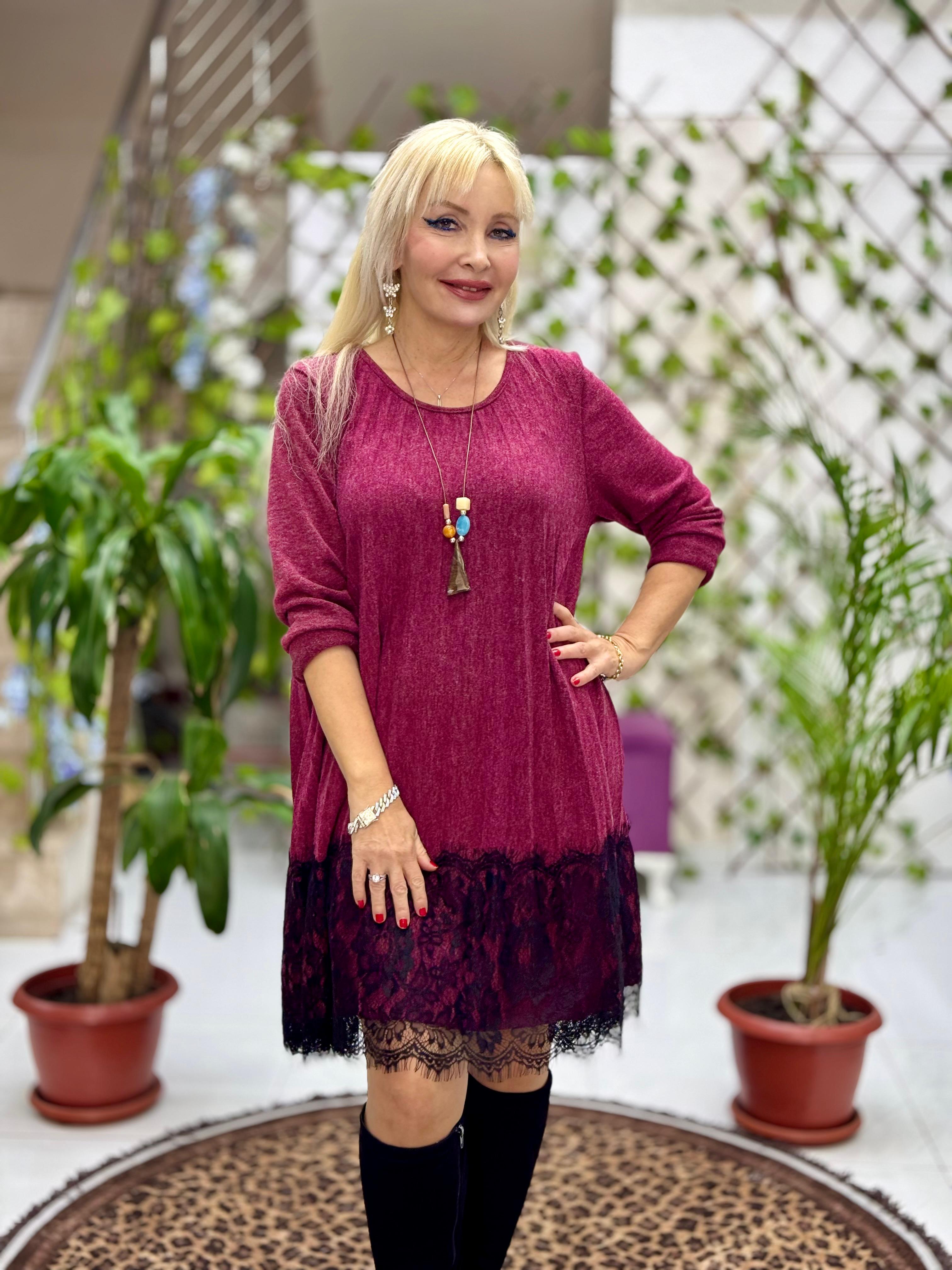 NC21868 Etek Ucu Dantelli Pileli Kolyeli İtalyan Triko Elbise Vişne