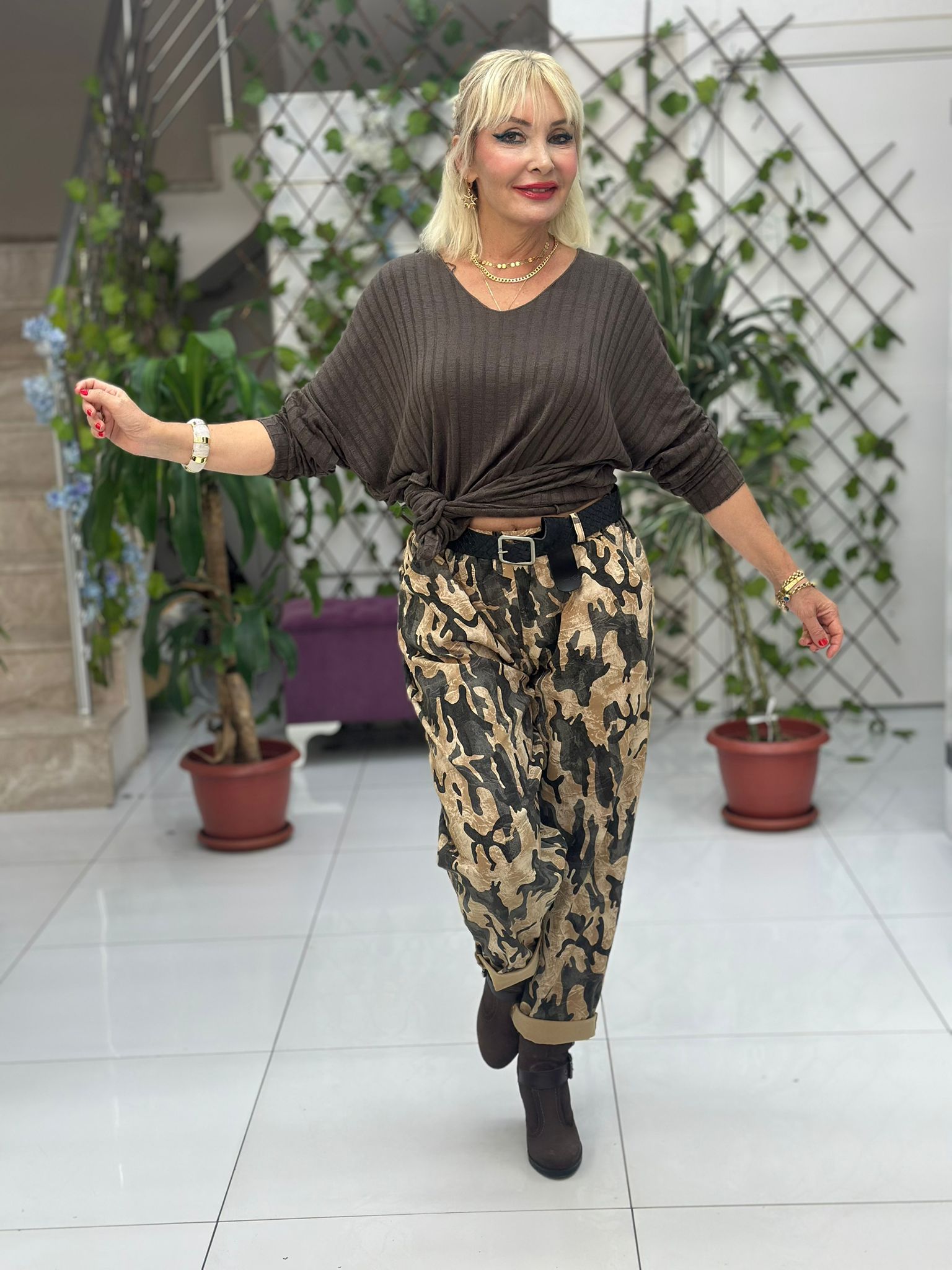 NC242975 İtalyan Kamufulaj Likralı Coton Pantolon Camel