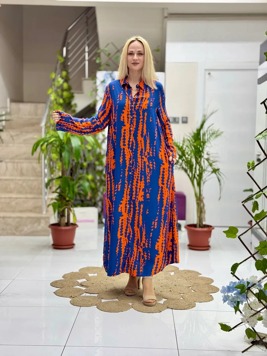 SLN31124 Pamuk Viskon Boydan Düğmeli Uzun Selin Elbise