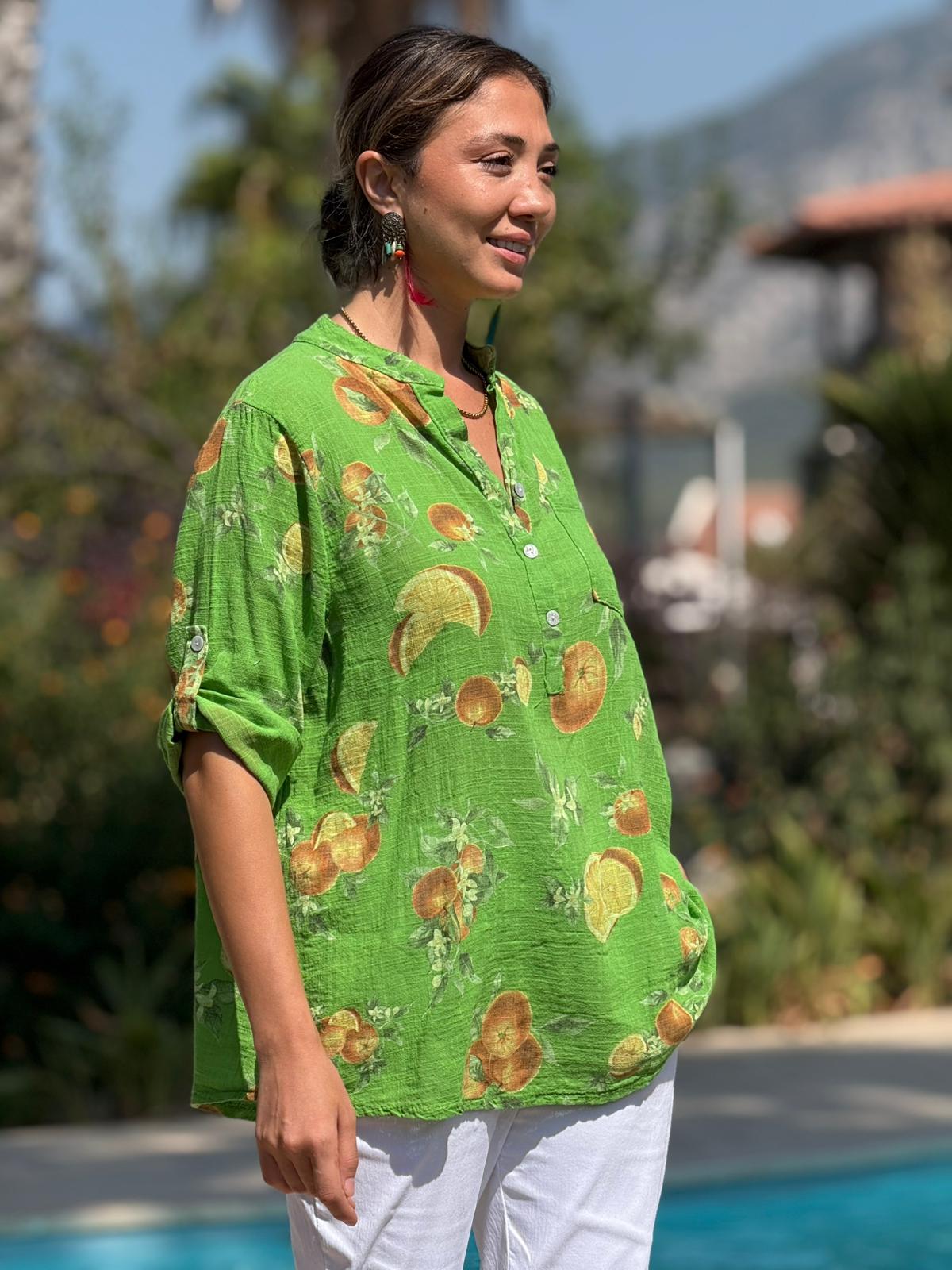 NC154553 İtalyan Pamuk Keten Bluz Yeşil