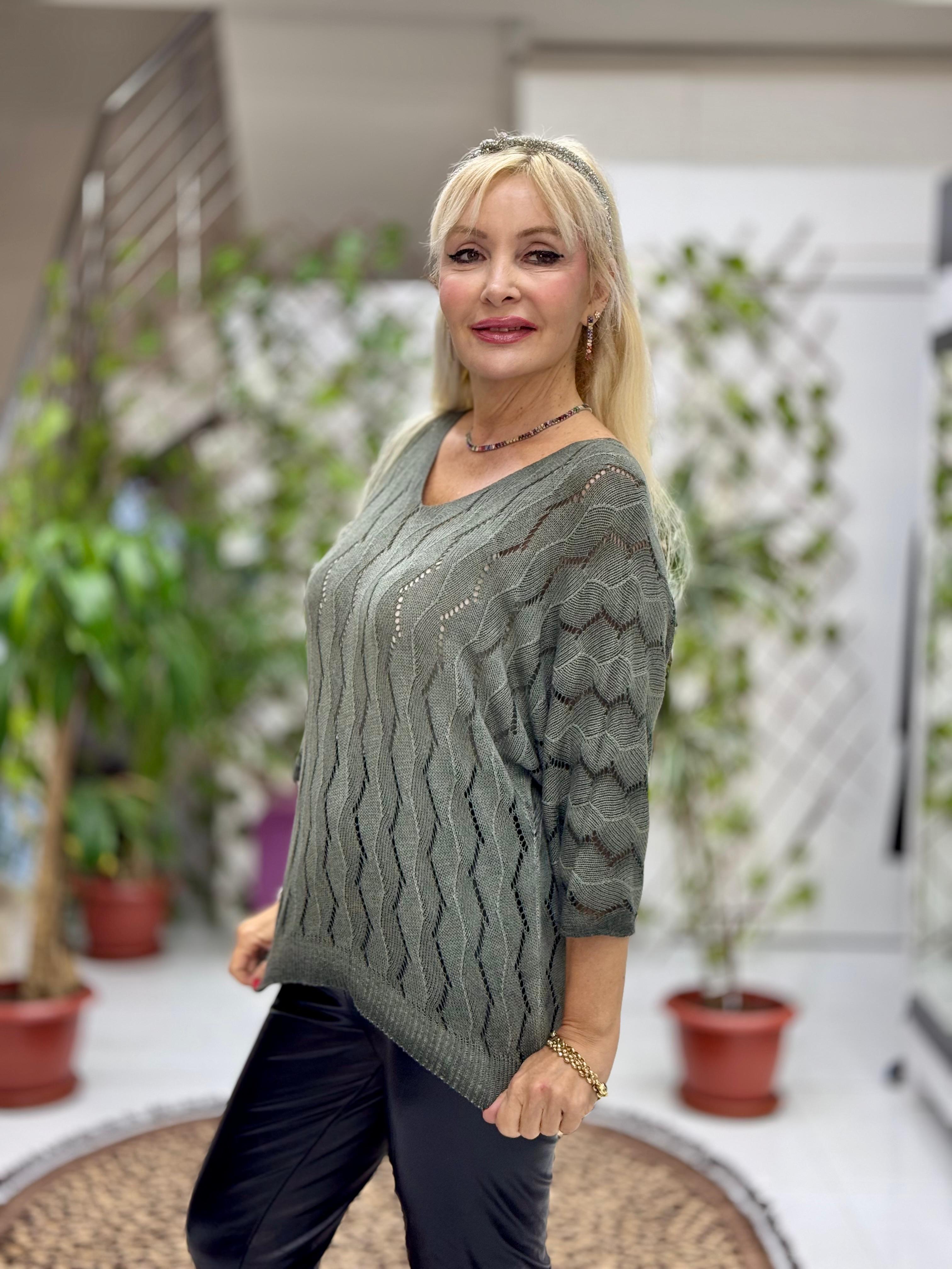 NC6071 İtalyan Fakir Kol Zikzak Desenli İnce Triko Bluz Yeşil