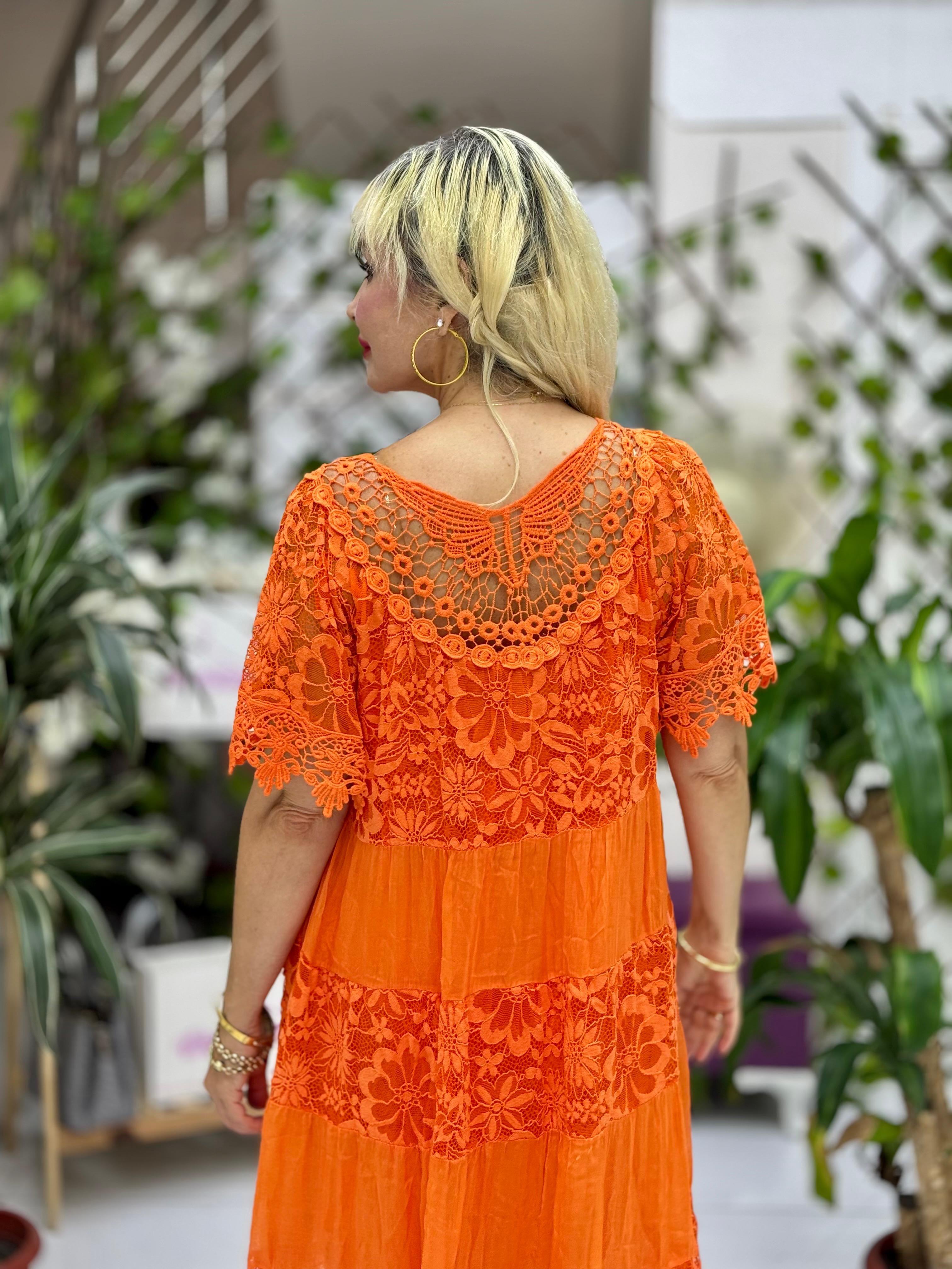 N10337 İtalyan İpek Elbise Oranj