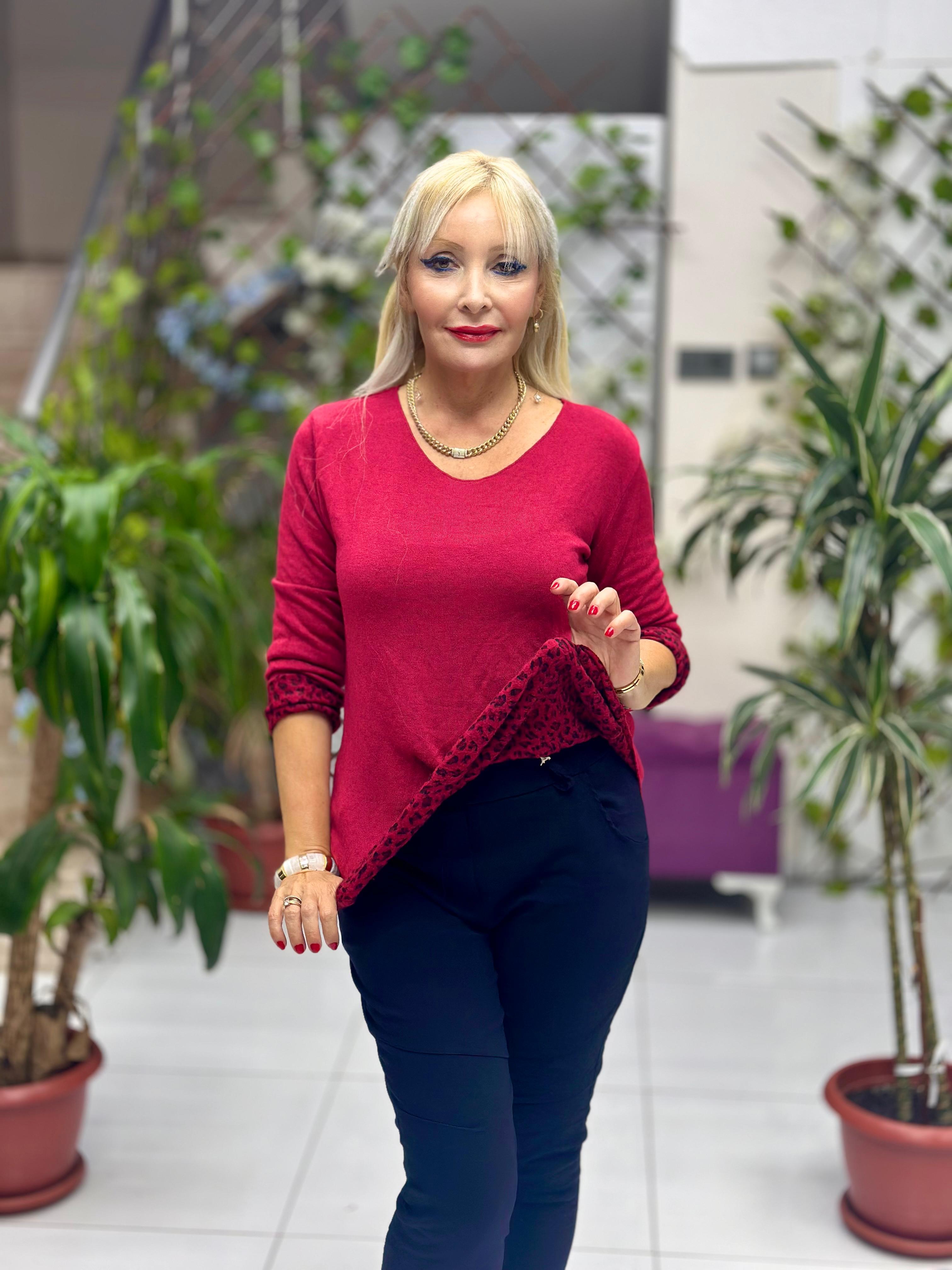 NC1202 İçi Leoparlı Yuvarlak Yaka Triko Küçük Kalıp Bluz Bordo