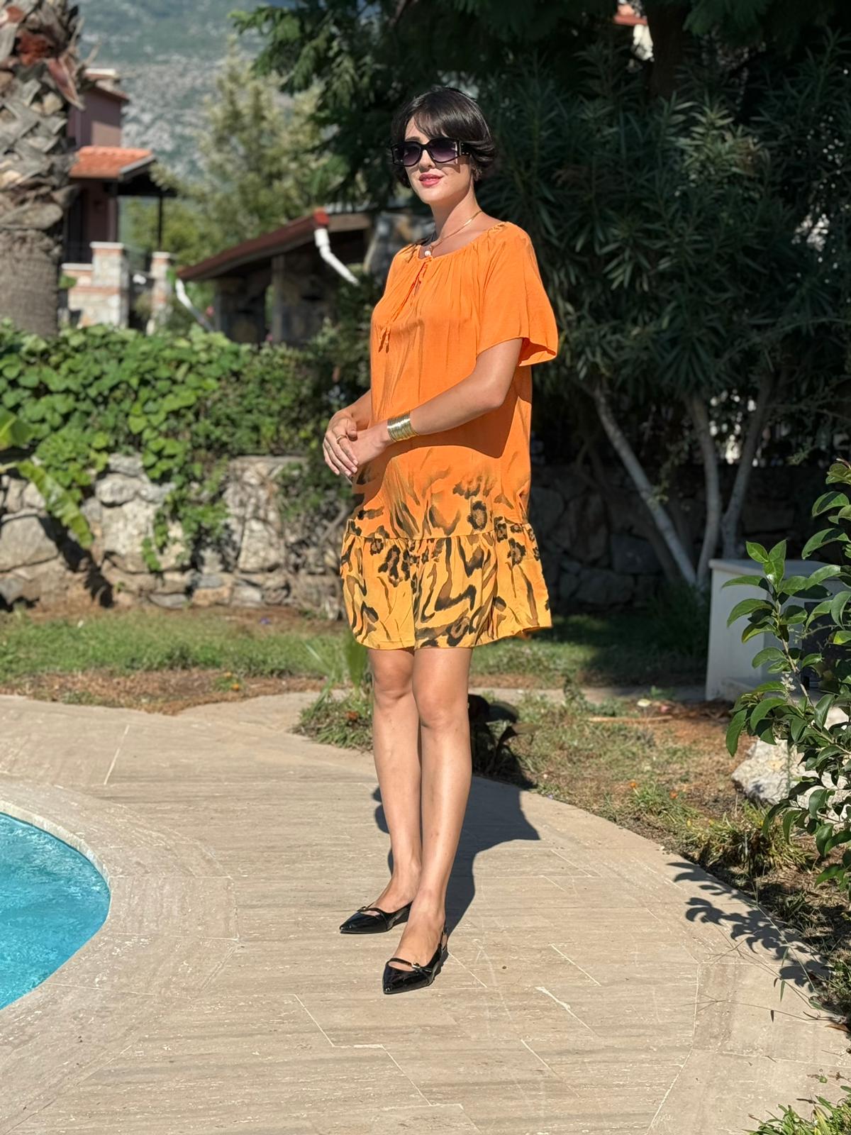 NC10526 İtalyan Yaka Lastikli Leoparlı Coton Elbise Oranj