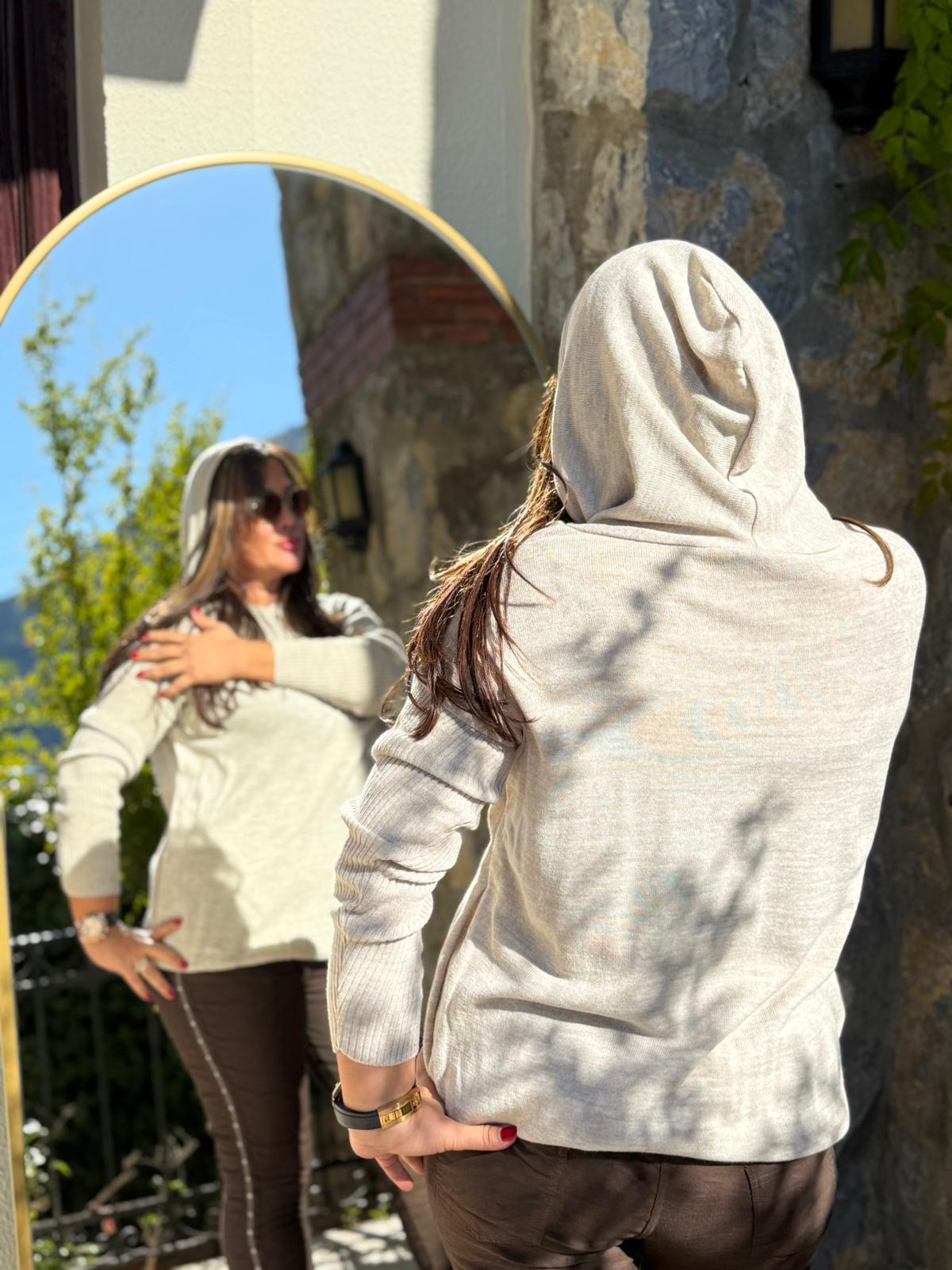 MT3096 Kapüşonlu Cepli Triko Sweatshirt Krem