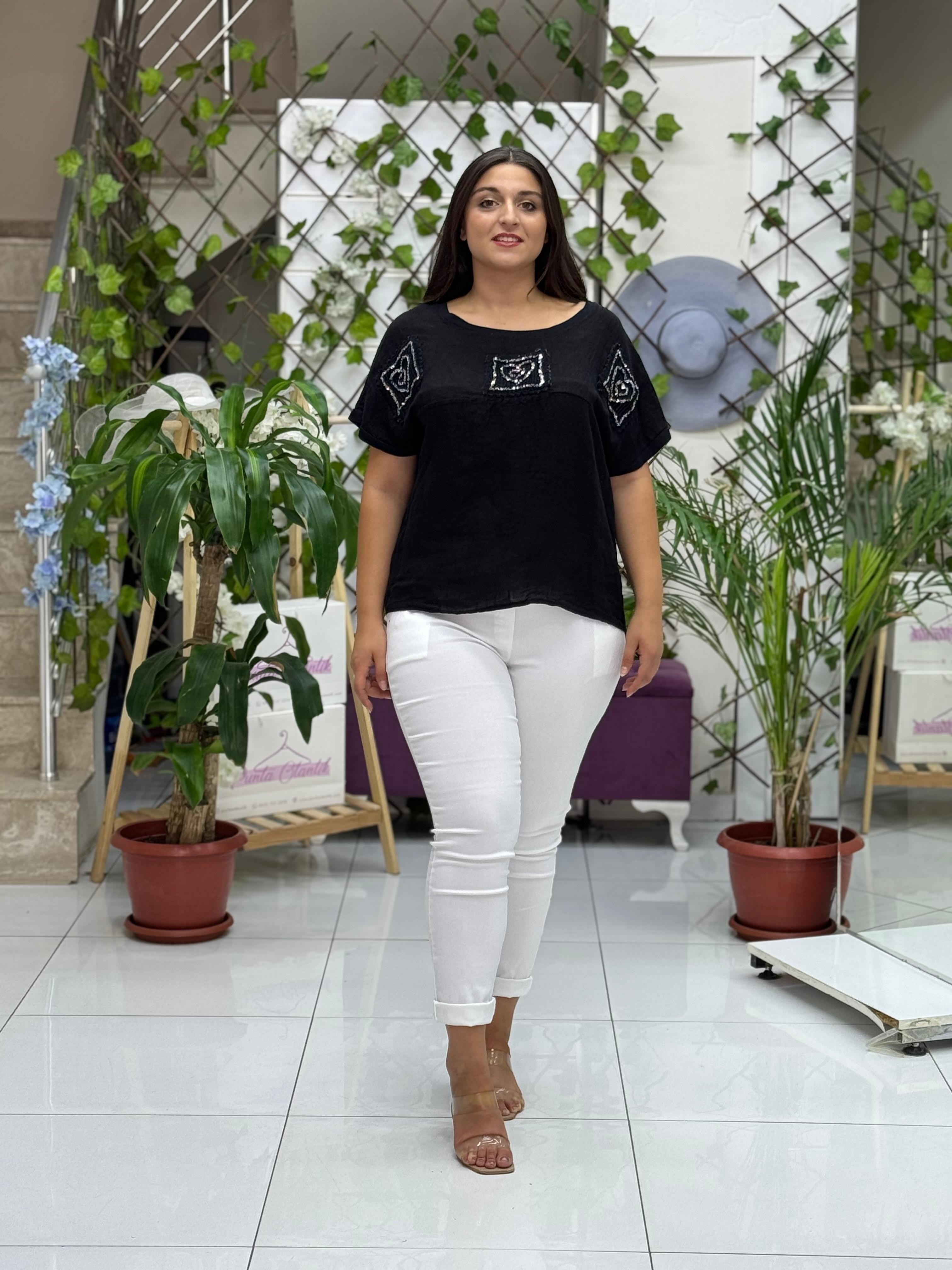NC61130 İtalyan Sırt File Güpürlü Keten Bluz Siyah