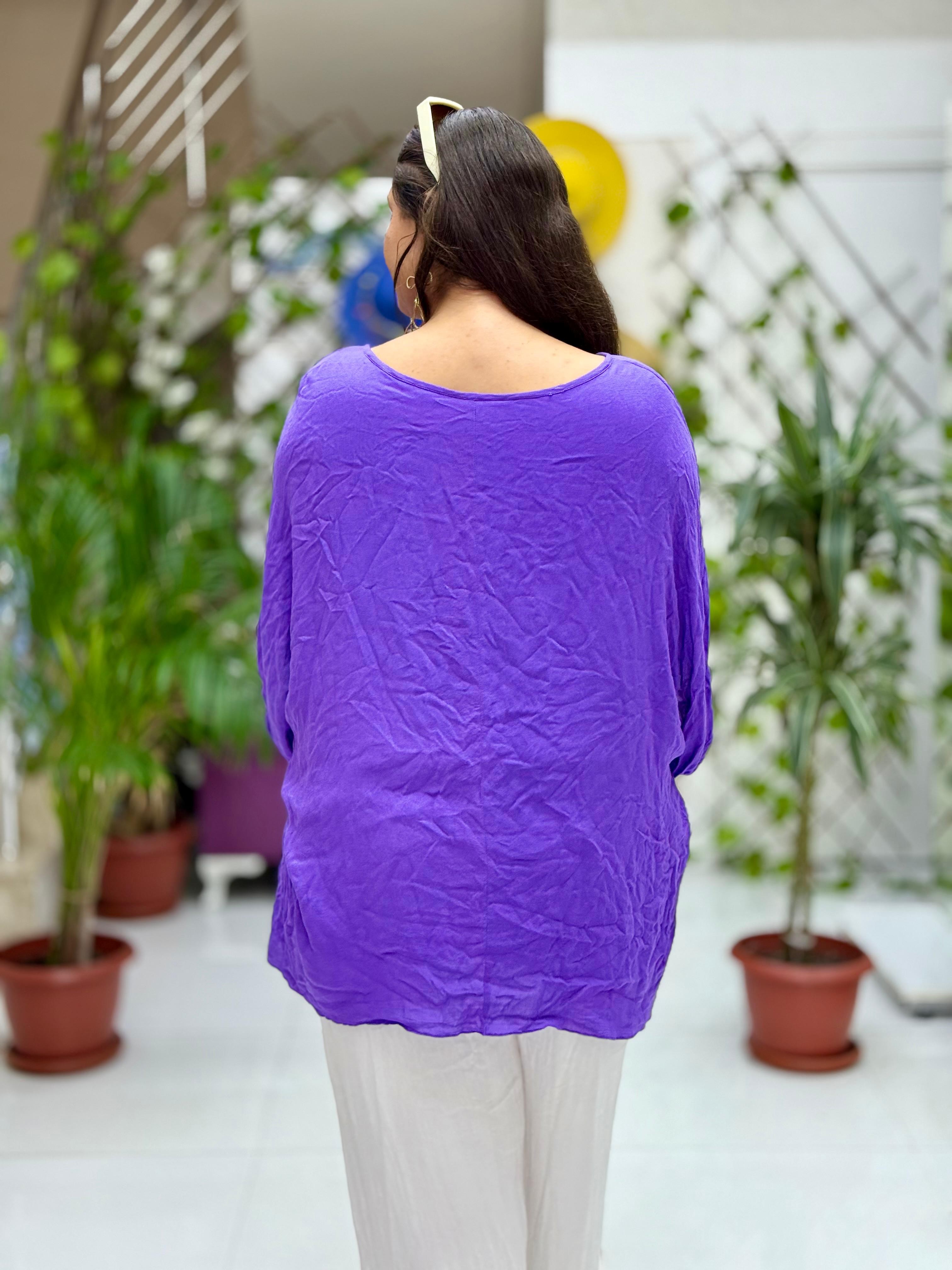 VL3009 Yarasa Kol Baskılı Vual Bluz Mor