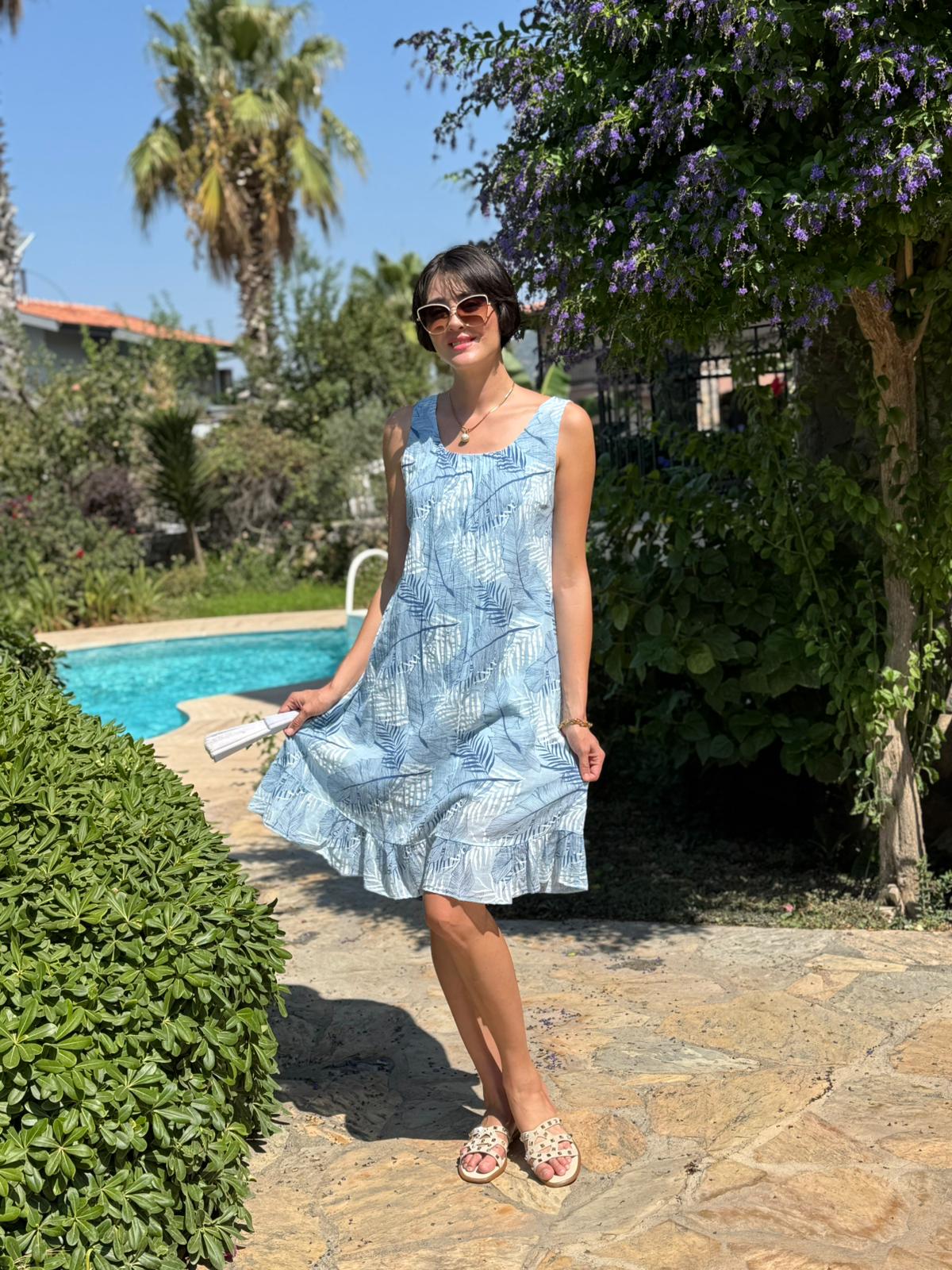 YG205070 İtalyan Yaprak Desen Coton Elbise Bebe Mavi