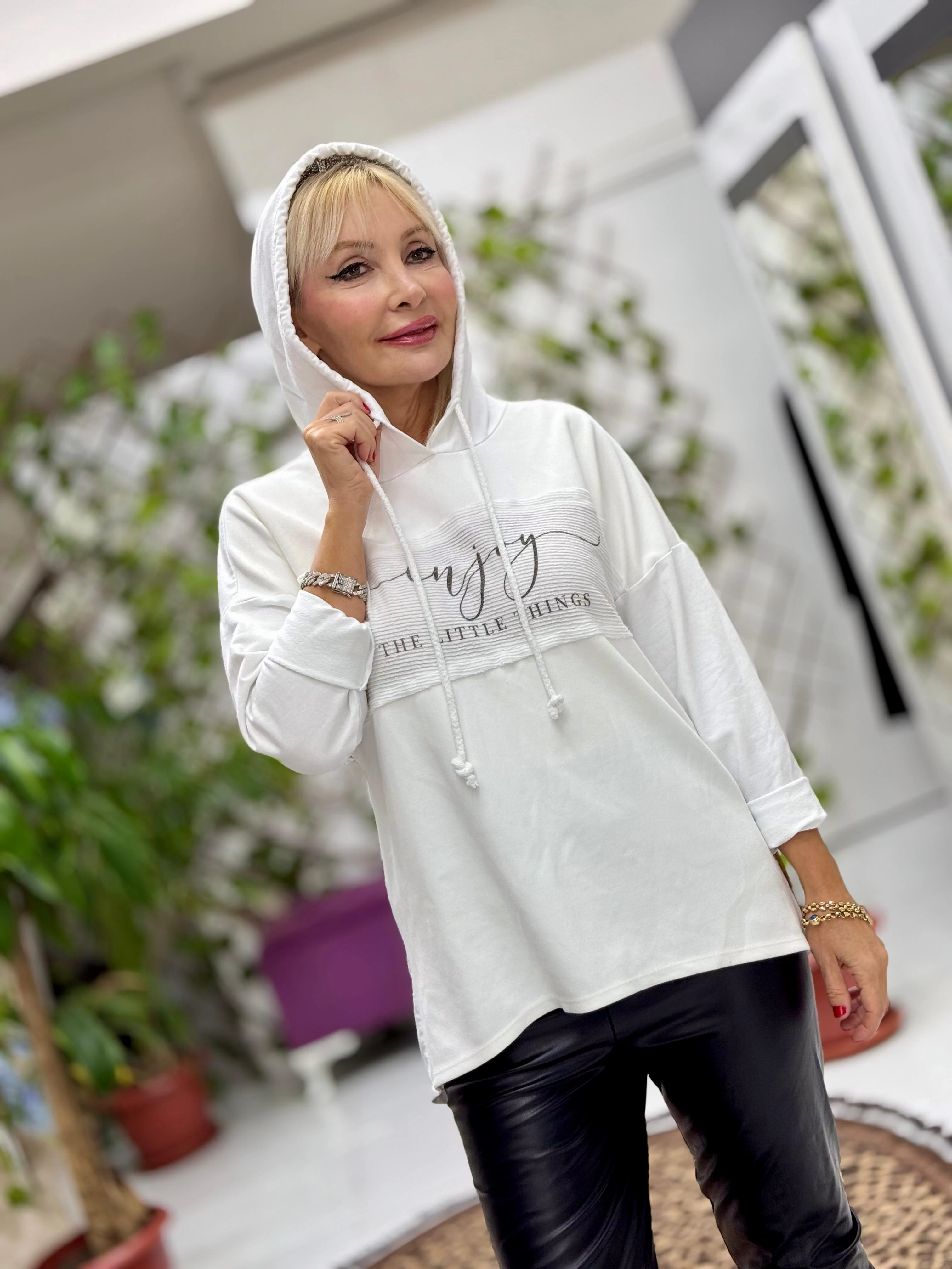 NC56868 İtalyan Enjoy Yazılı Kapüşonlu Coton Sweatshirt Beyaz