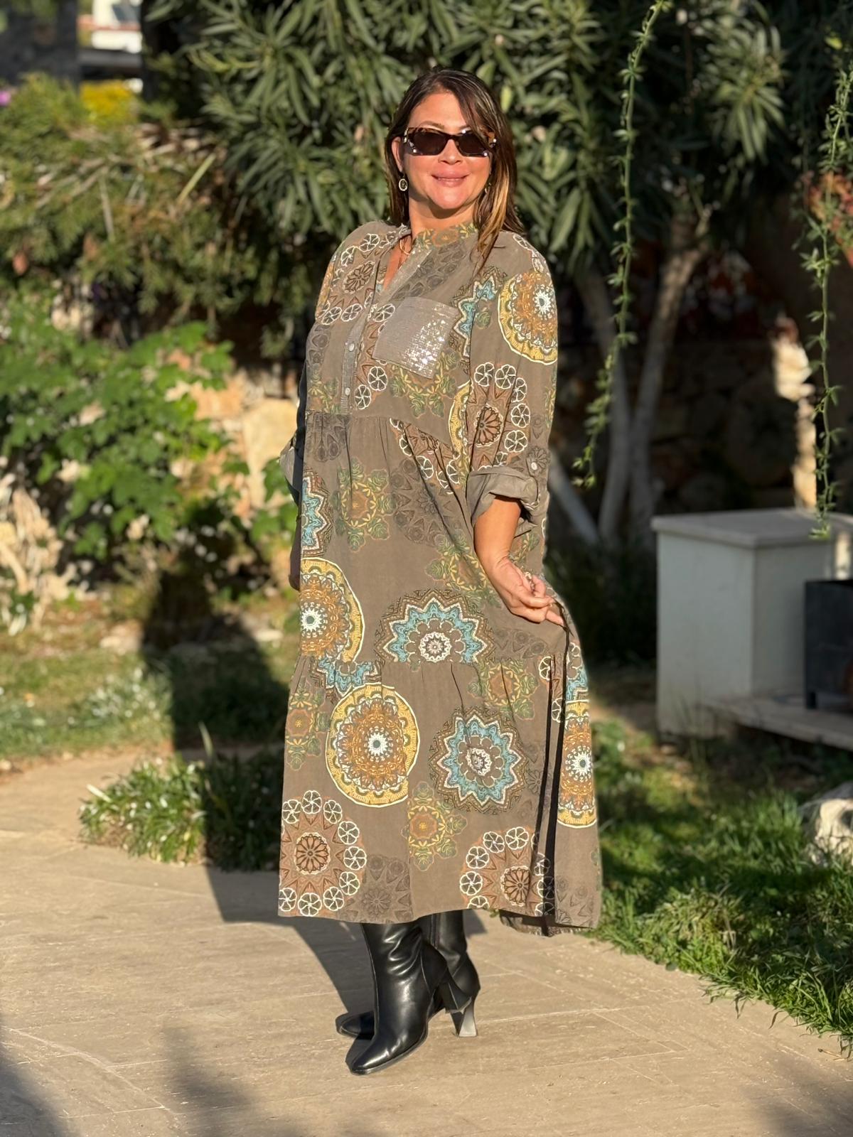 YG12573 Mandala Desen İtalyan Kadife Elbise Haki