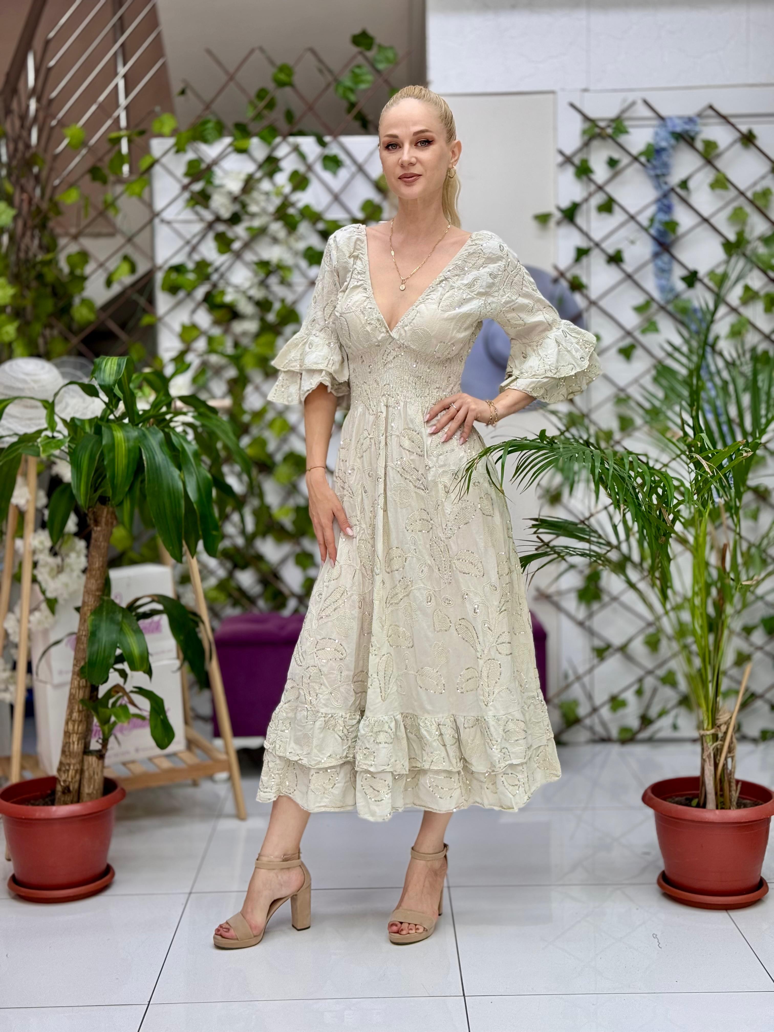 N12071 Vestido Italiano De Algodón Con Cordones Blanco