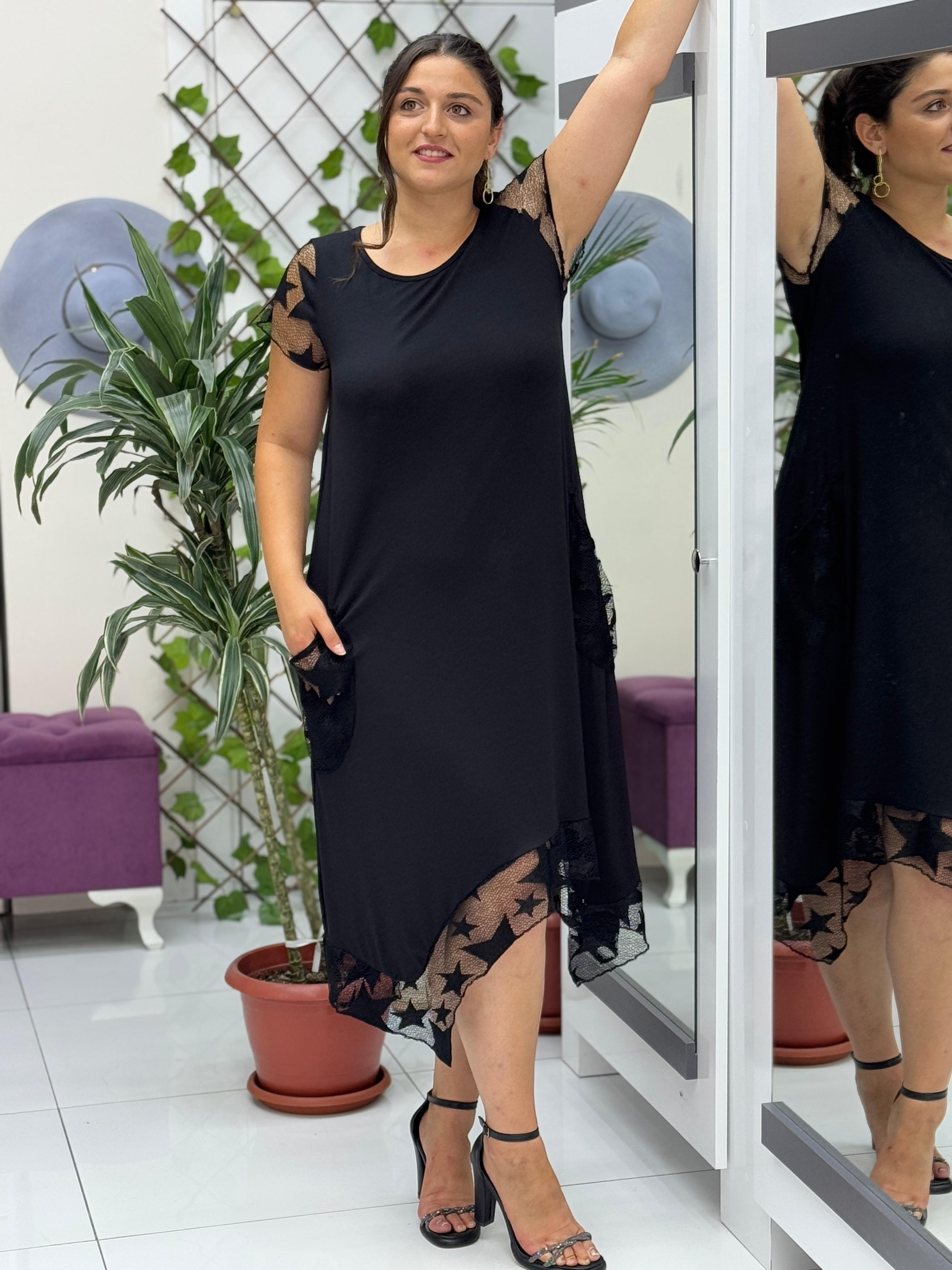 TS1001 Dantelli Yarım Kol Turlu Viskon Elbise Siyah