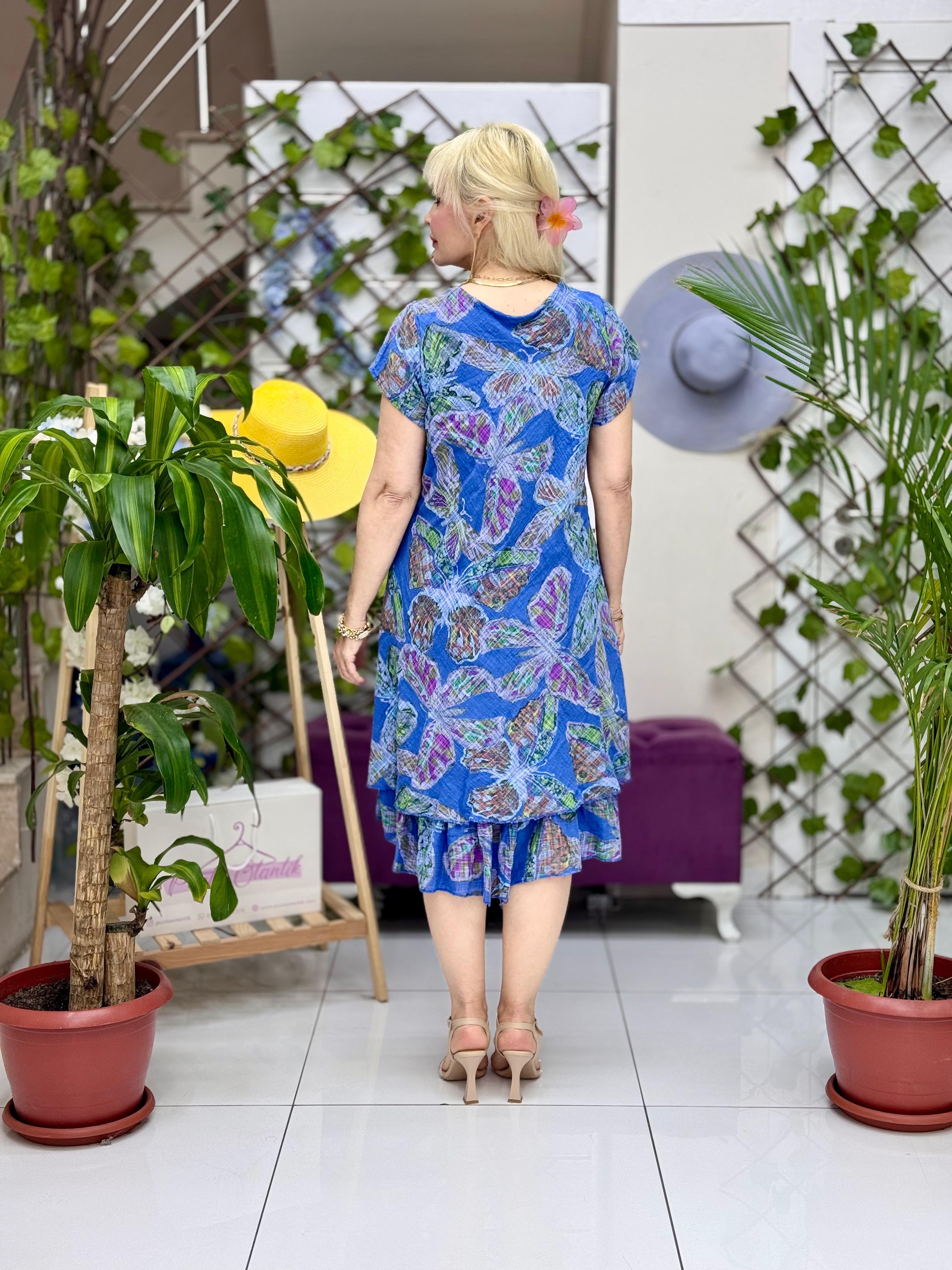 N5012-26 Vestido Italiano Manga Corta Algodón Lino Azul