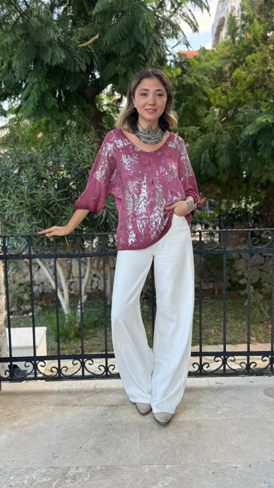NC6016 İtalyan Fakir Kol Baskılı İnce Triko Bluz Gülkurusu