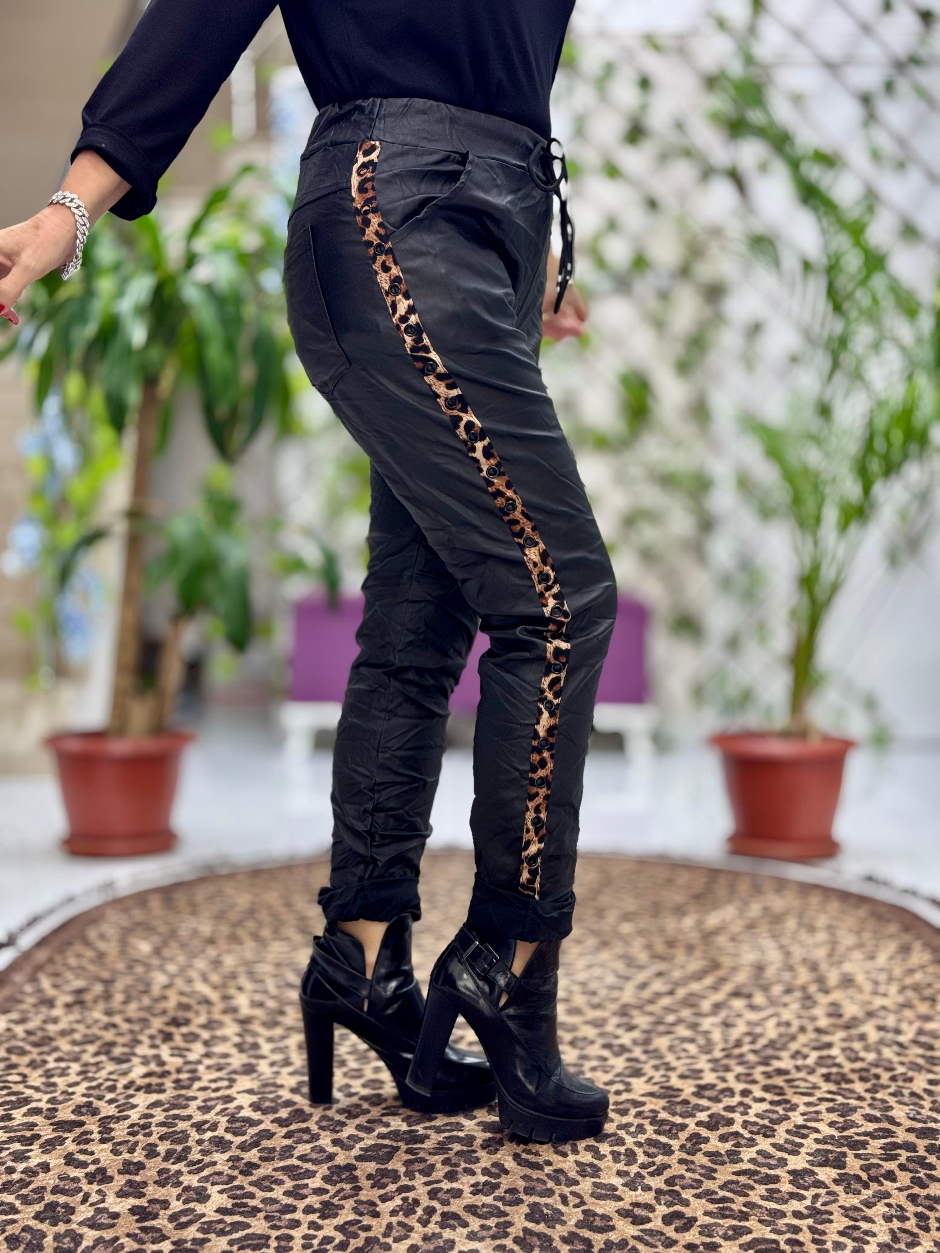 NC21970 İtalyan Yanlar Leopar Detay Zımbalı Deri Pantolon Siyah