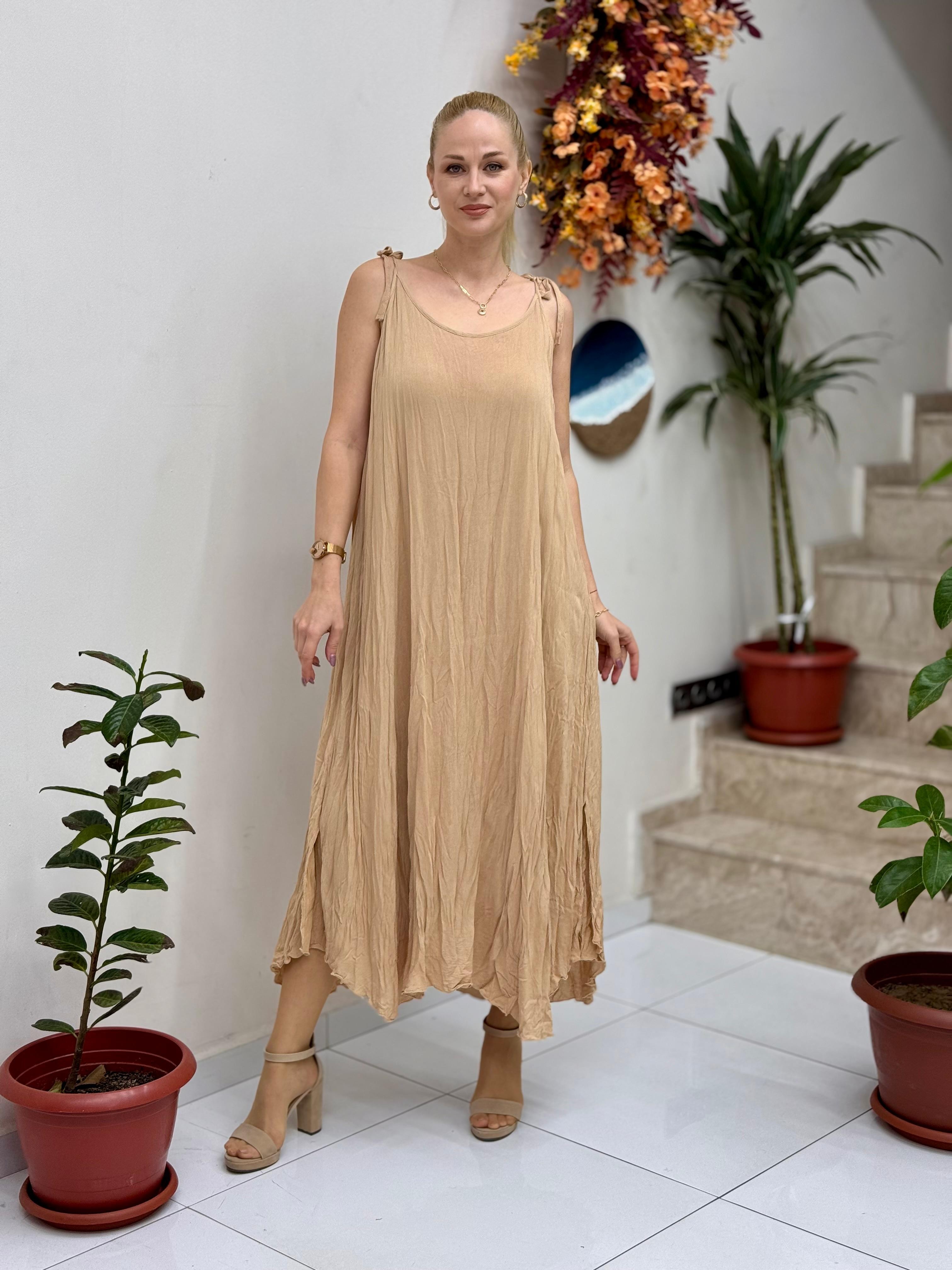 VL11199 Askılı Düz Vual Elbise Camel