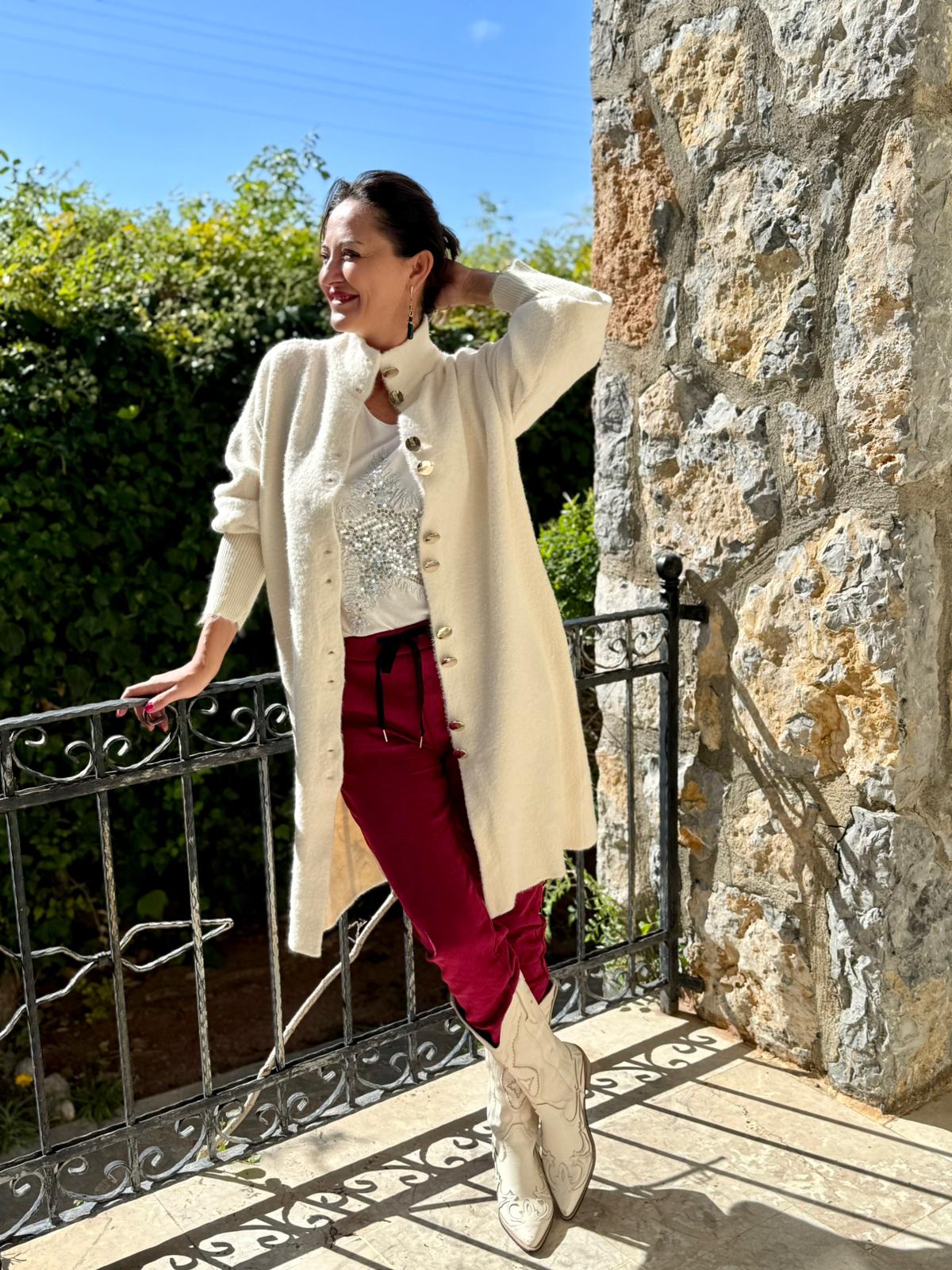 NC25025 Boydan Düğmeli Yün Uzun Hırka Ekru