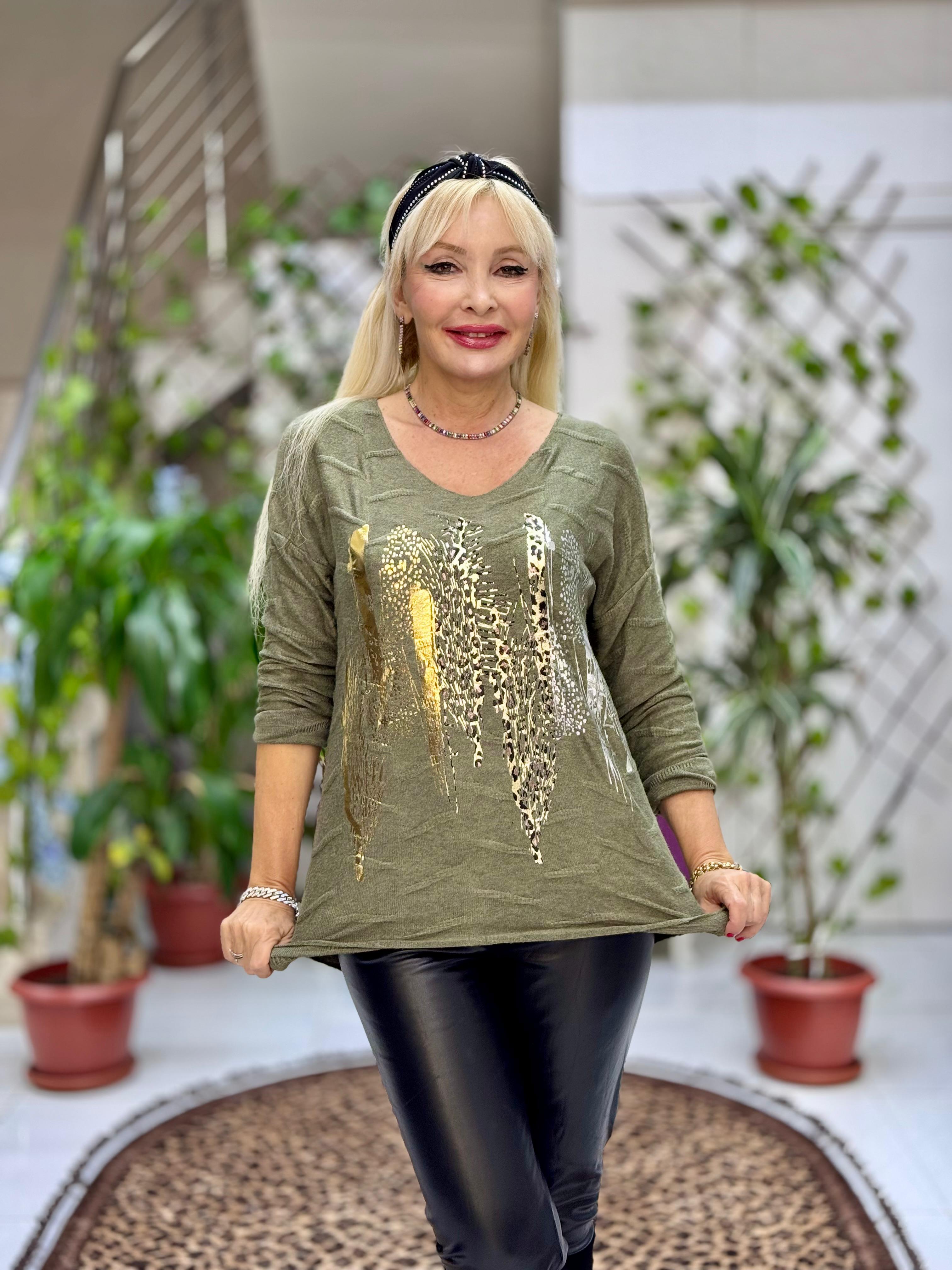 YG11716 Leopar Baskılı Kendinden Desenli İtalyan Triko Bluz Yeşil