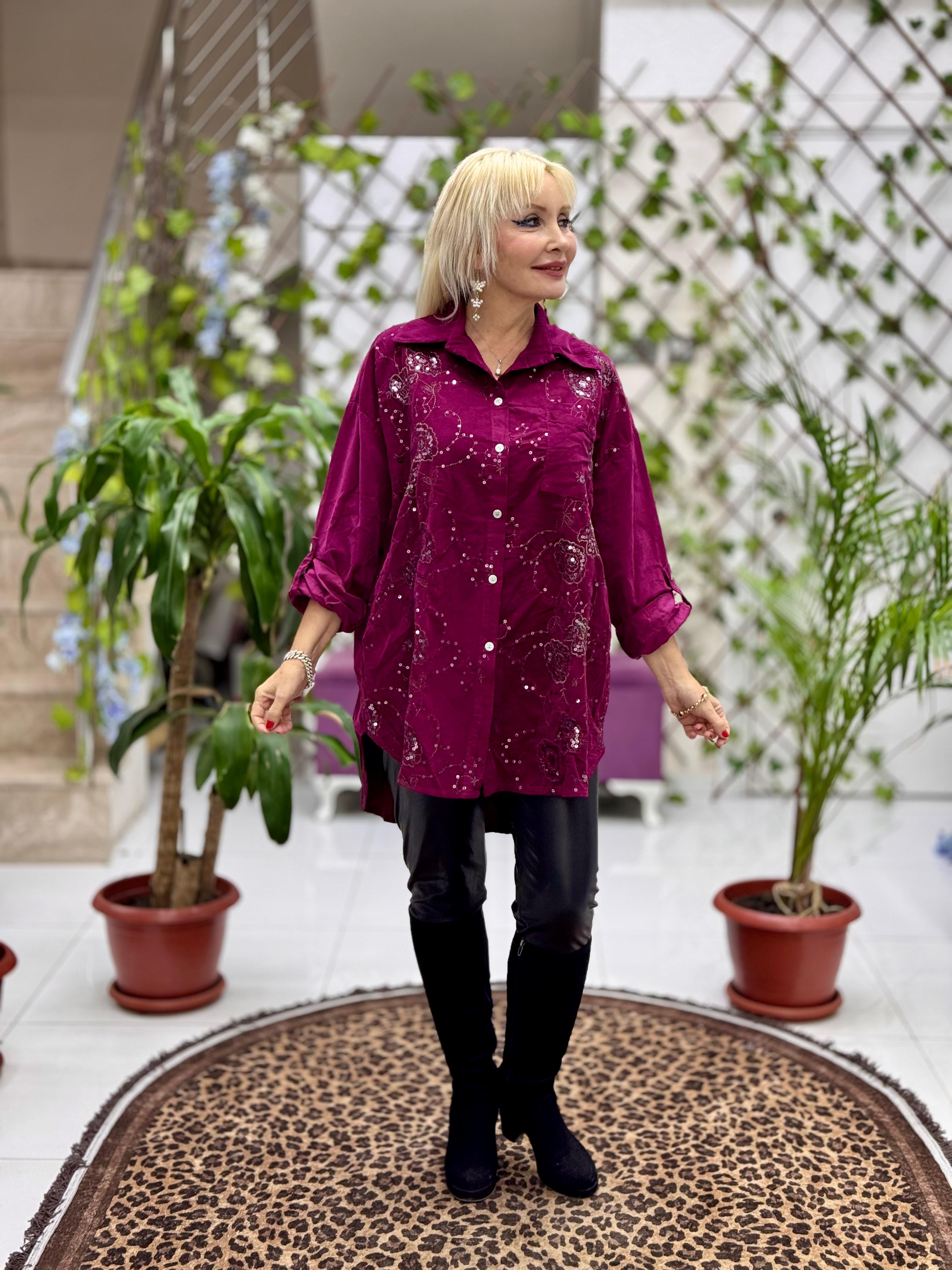 NC25199 Nakış Detaylı Pullu İtalyan Kadife Gömlek Vişne