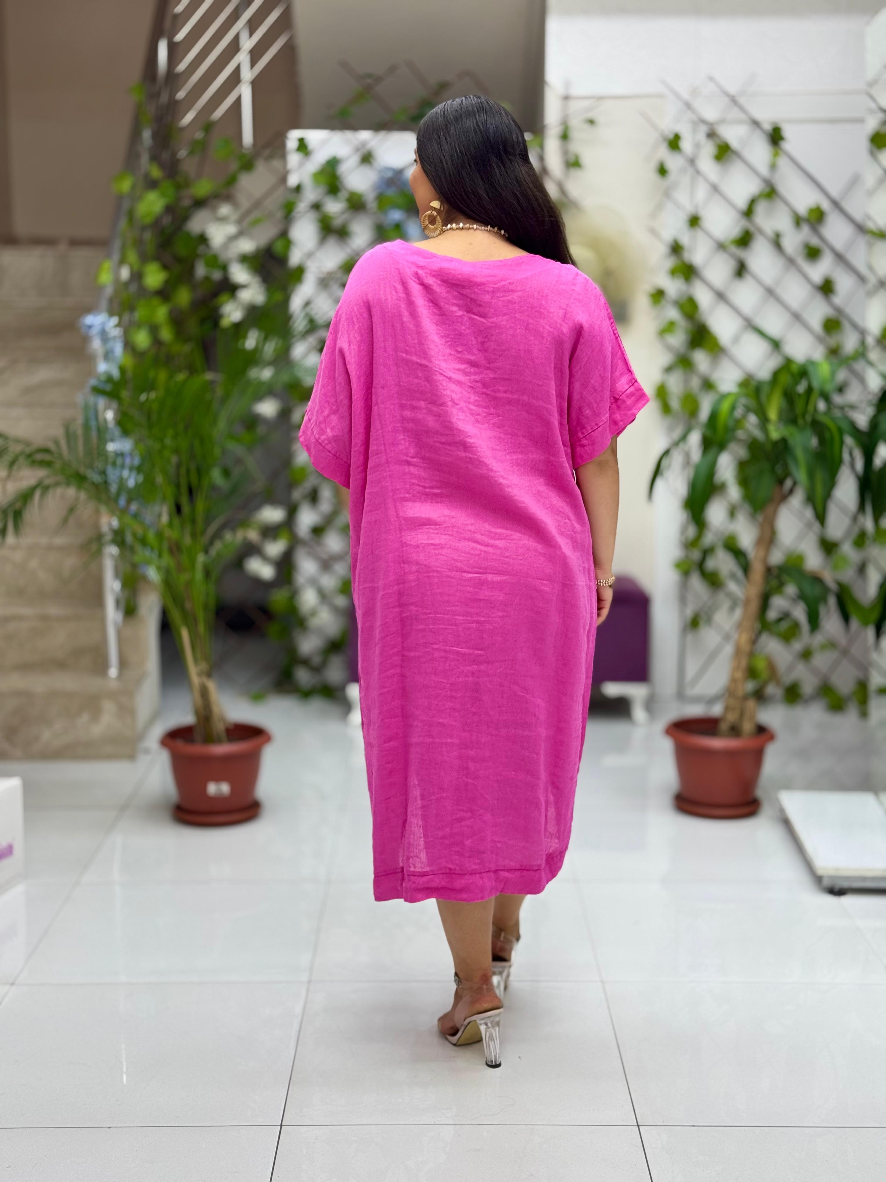 N231344 İtalyan Keten Elbise Pembe