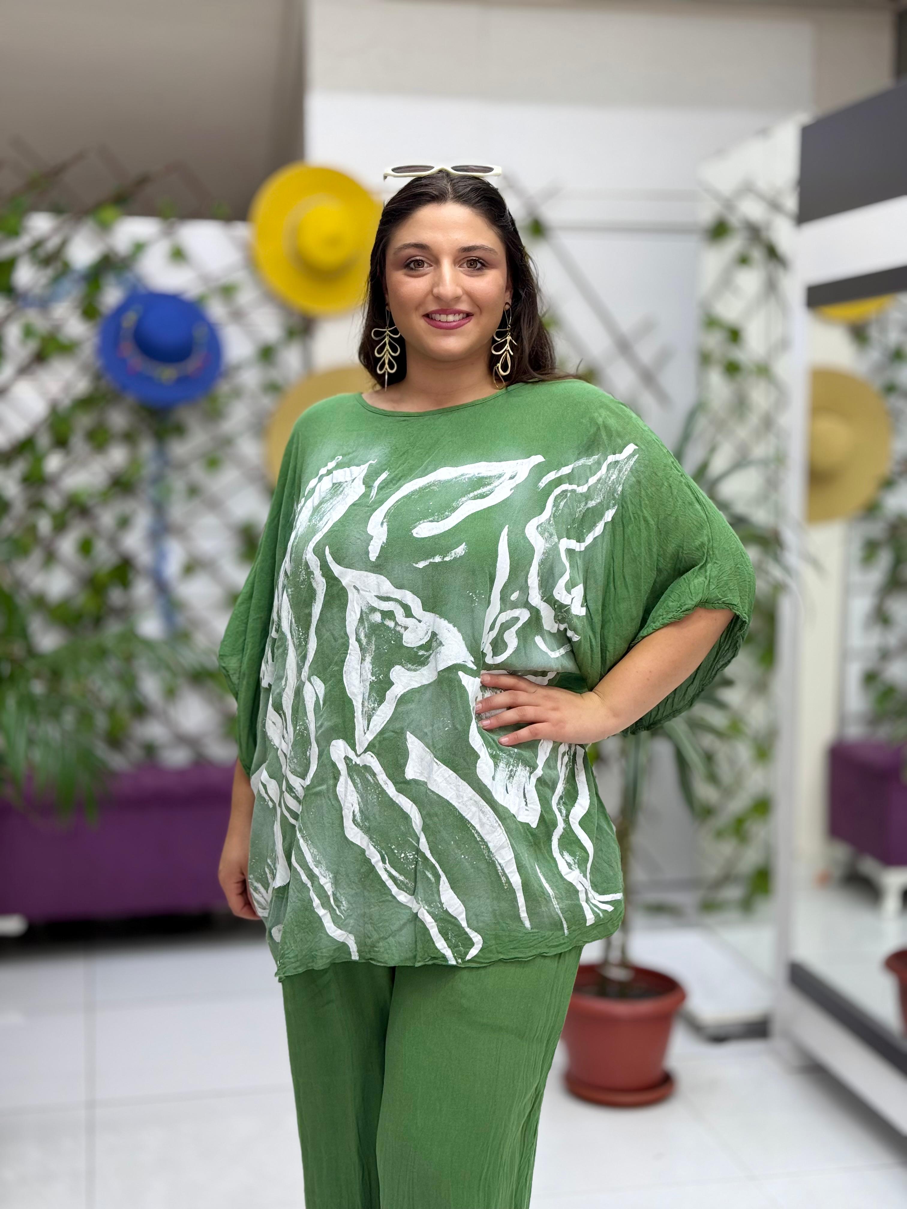 VL3009 Yarasa Kol Baskılı Vual Bluz Haki