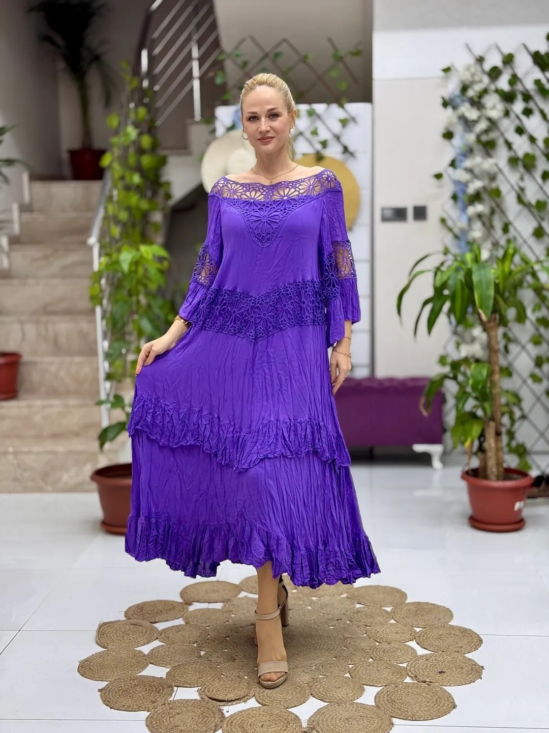 VL12008 Yaka Detay Vual Elbise Mor