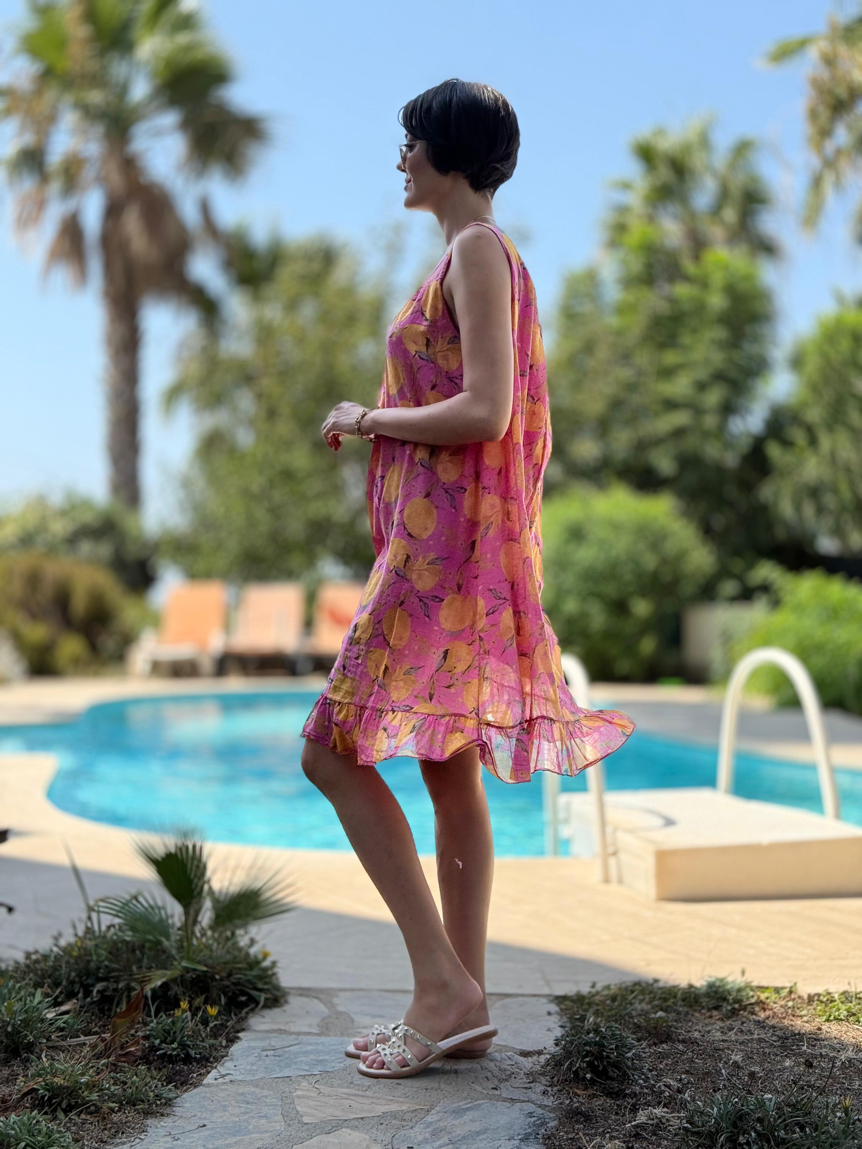 YG205030 İtalyan Coton  Limon Desen Elbise Pembe