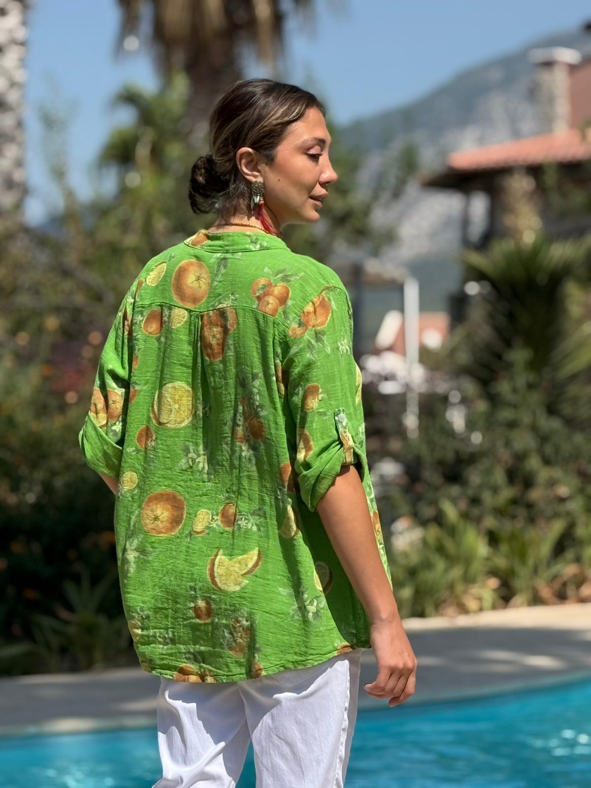 NC154553 İtalyan Pamuk Keten Bluz Yeşil