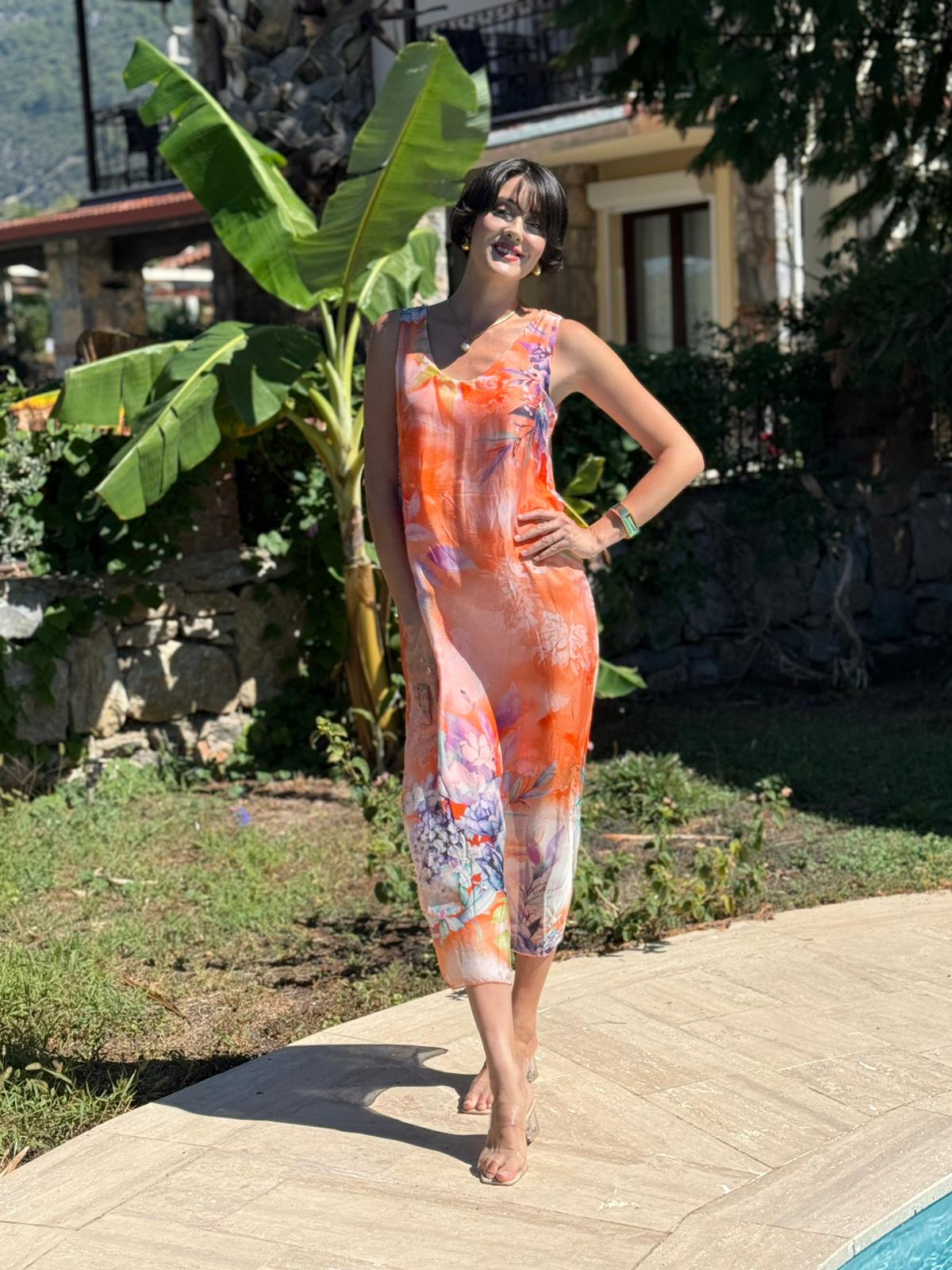 YG20641 İtalyan Çiçekli Askılı İpek Elbise Oranj