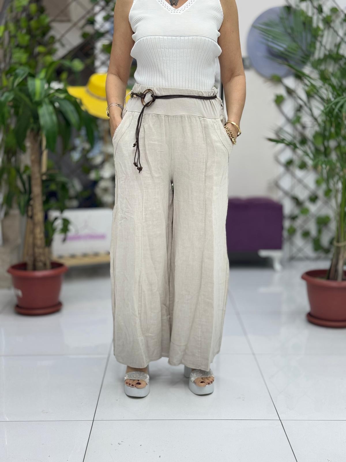 NC1136 İtalyan İtalyan Kemerli Keten Pantolon Krem
