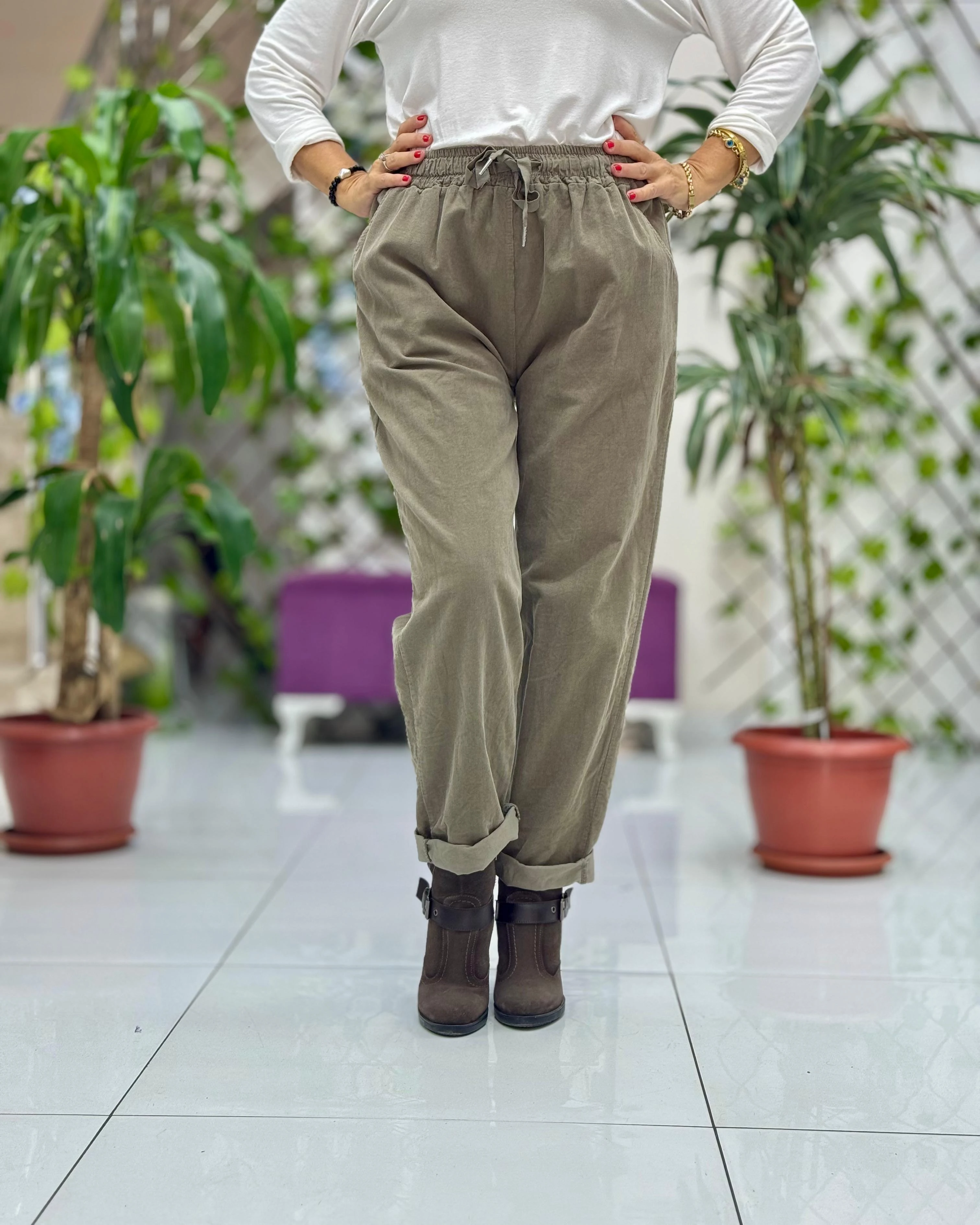 YG3005 Beli Bağcıklı İtalyan Kadife Pantolon Haki