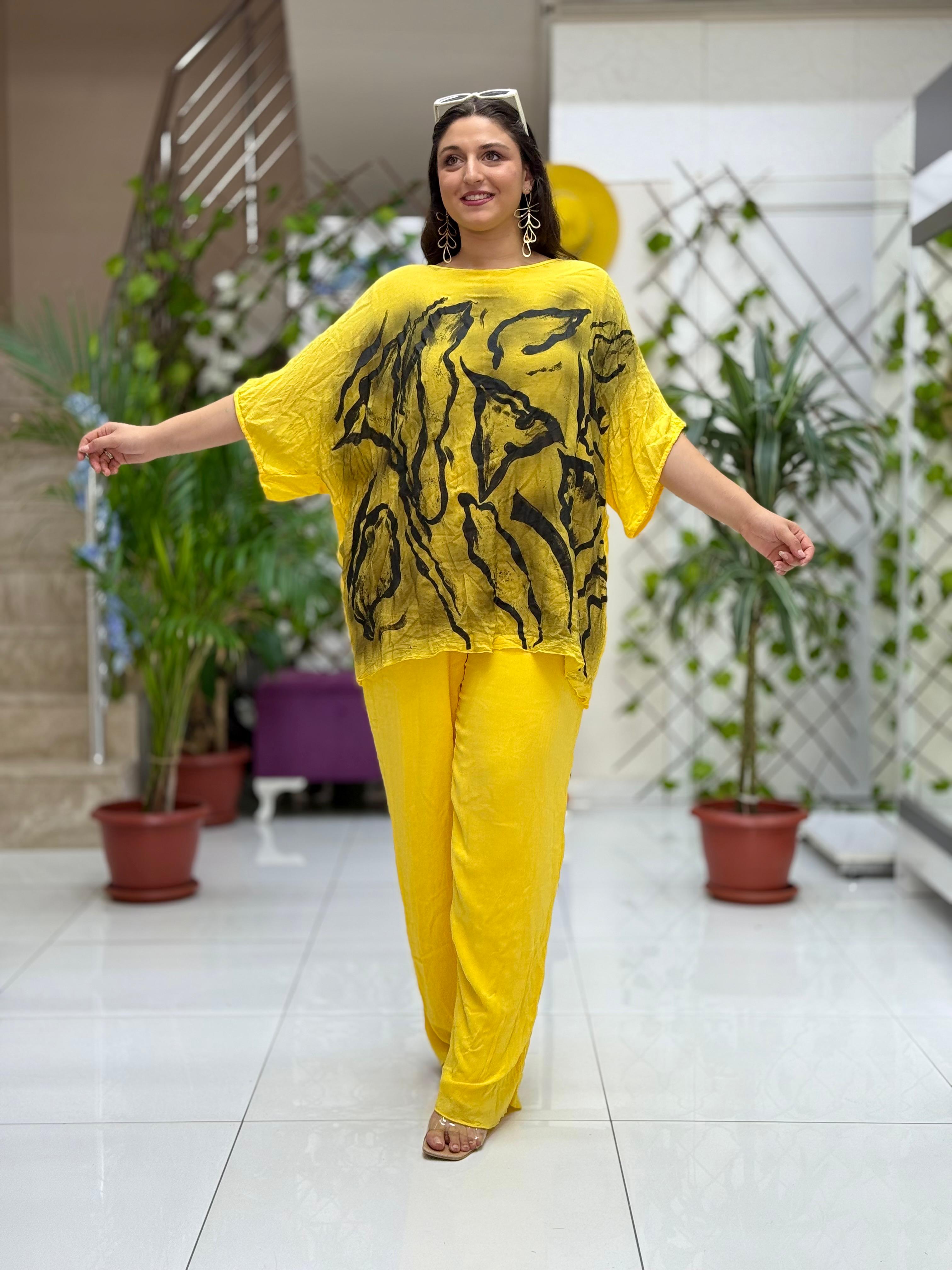 VL3159 %100 Vual Pamuk Bluz Pantolon Takım Sarı