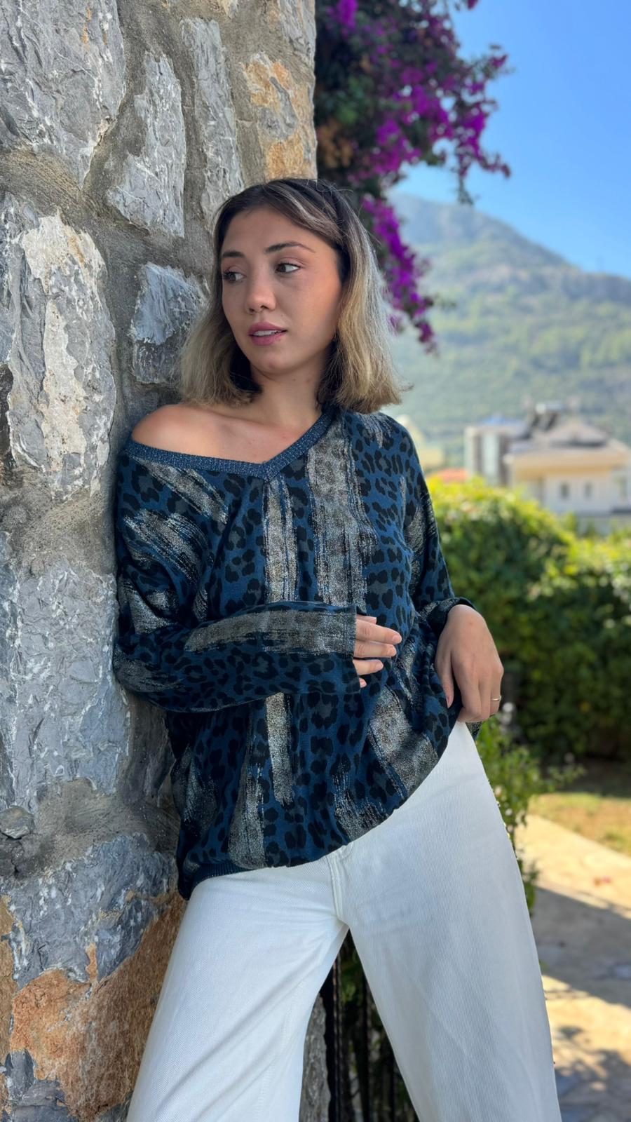 P245010 İtalyan Simli Leopar Bluz Lacivert