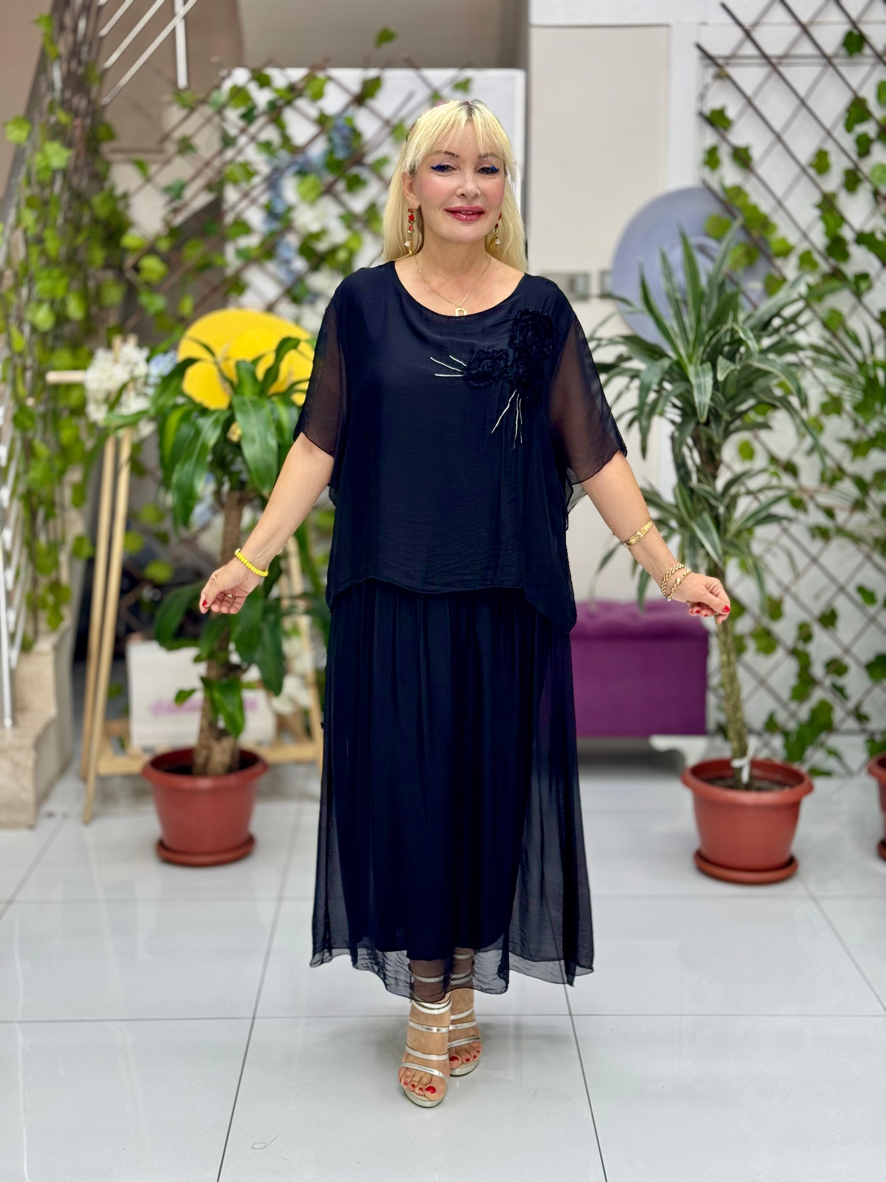 NC1025 İtalyan Göğüs Çiçekli İpek Elbise Siyah