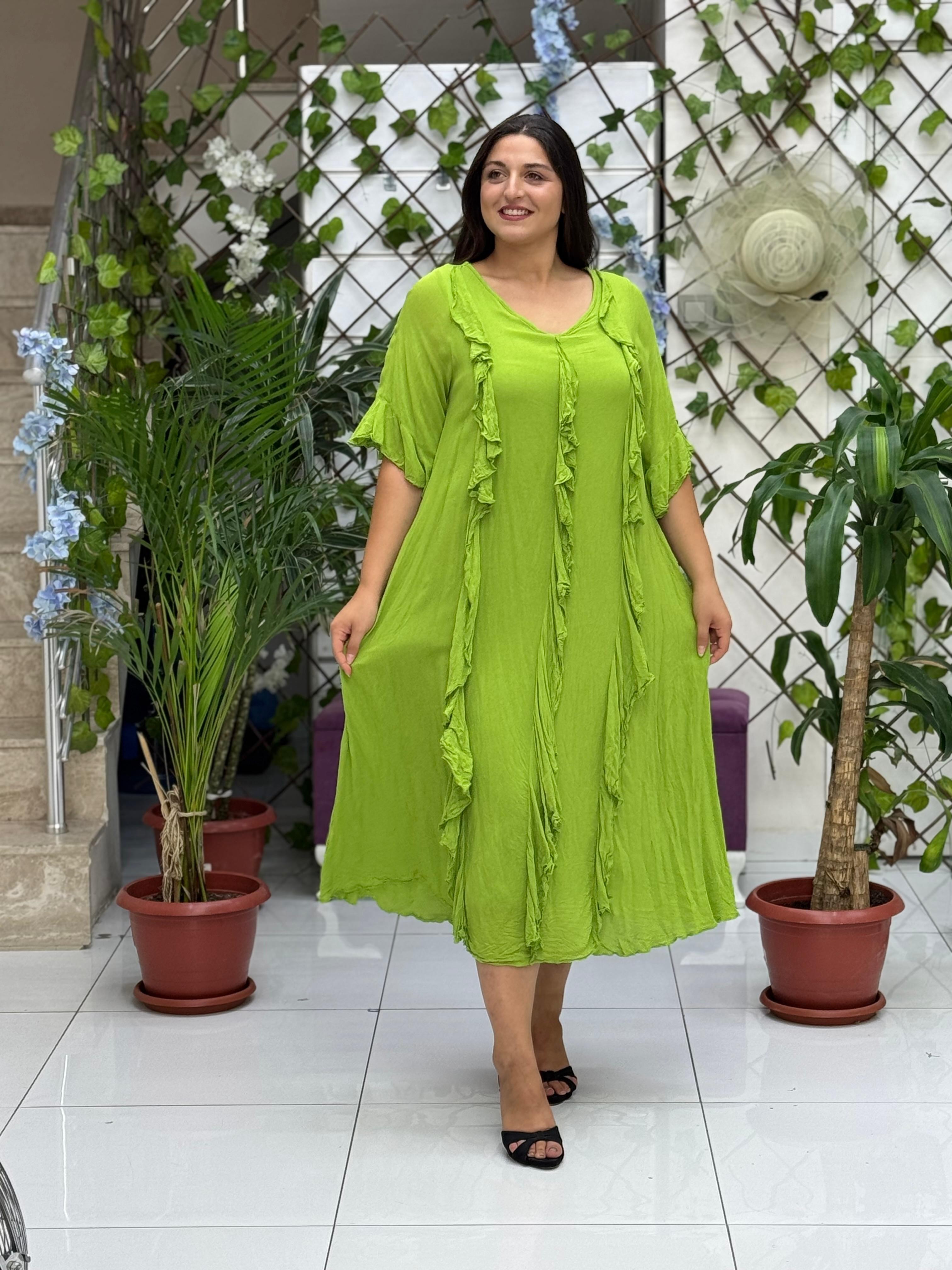VL3041 Fırfırlı Vual Elbise Fıstık