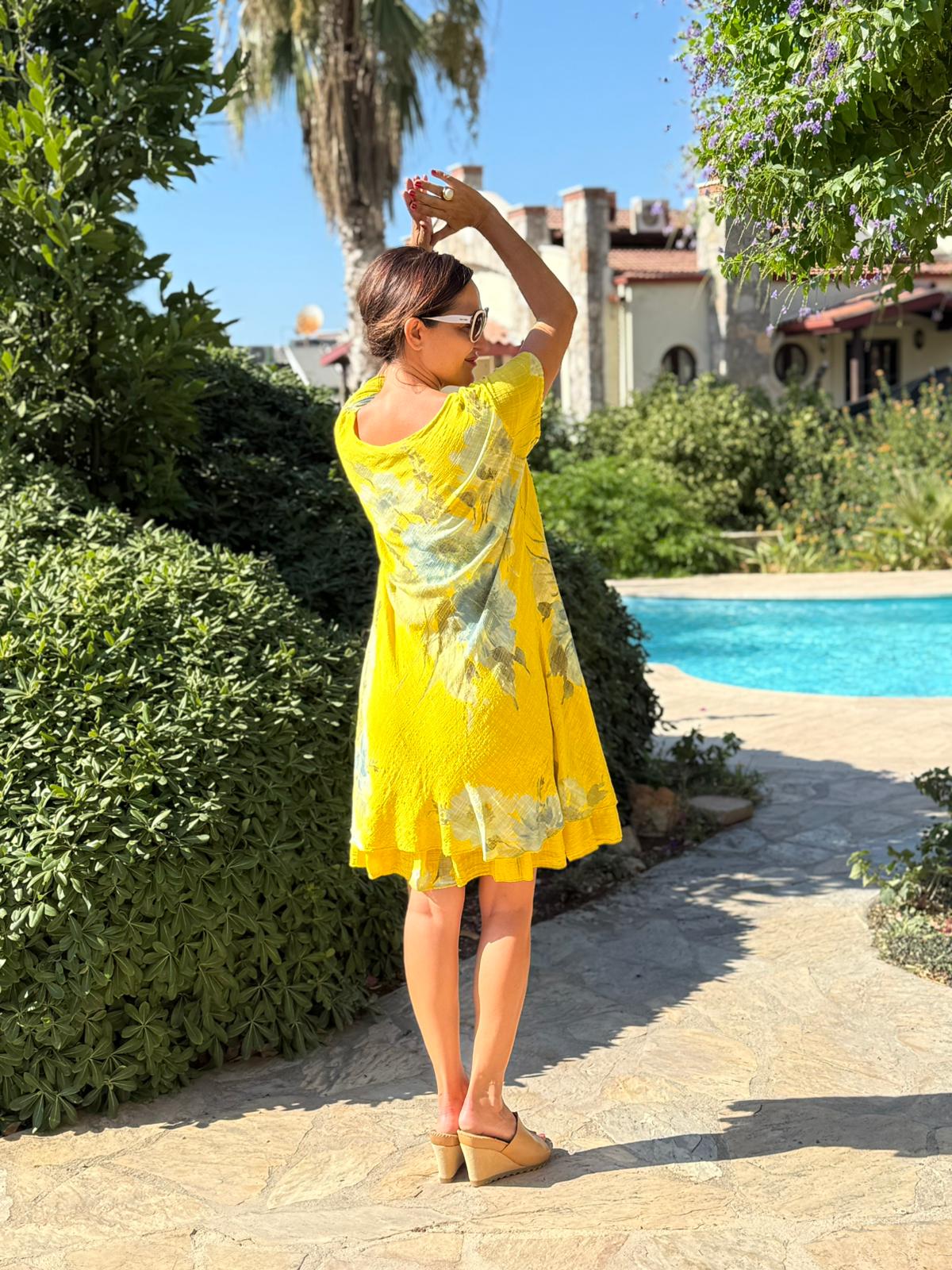 NC50121 İtalyan Kısa Kol Pamuk Keten Elbise Sarı