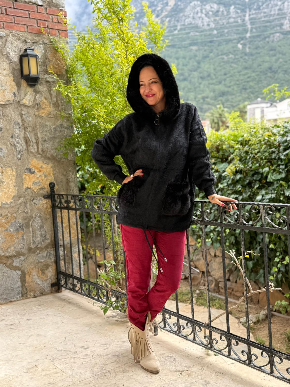 N33035 Abrigo Angora Con Capucha Y Bolsillos Crema