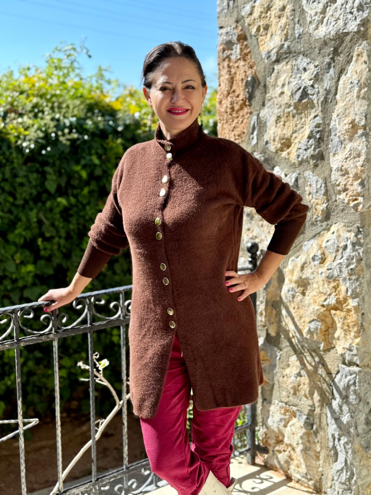 NC4079 Boydan Düğmeli Yün Kısa Hırka Kahverengi