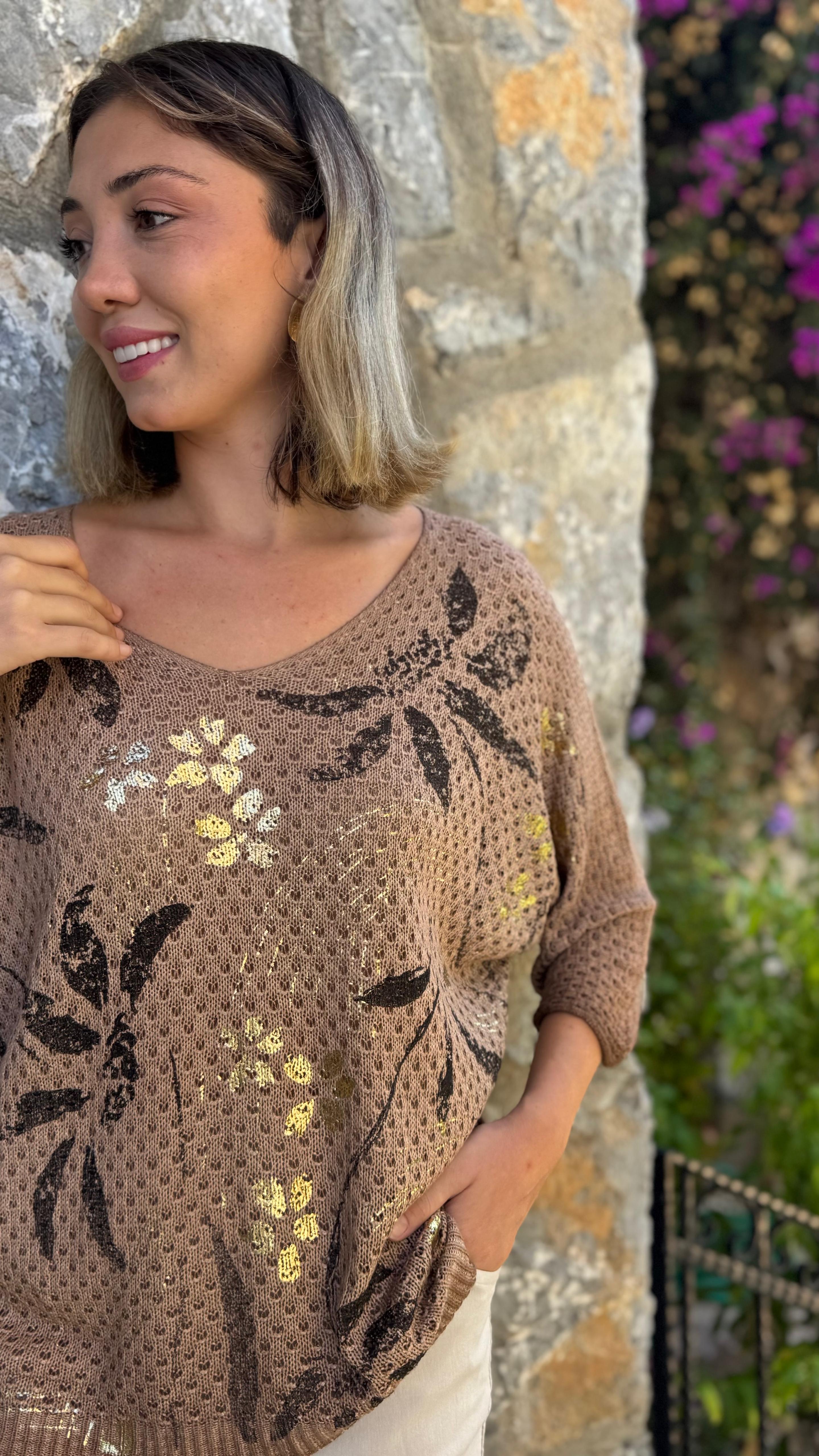 FXLS7514 İtalyan Yaprak Desen Triko Bluz Camel