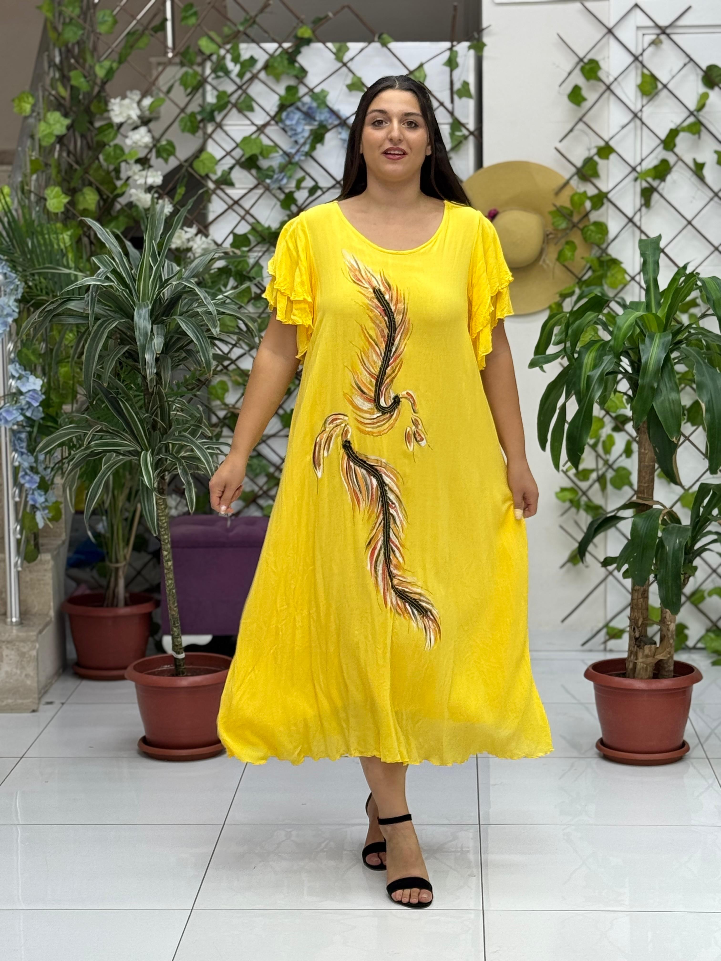 VL9636 Tüy Baskılı Yarım Kol Vual Elbise Sarı