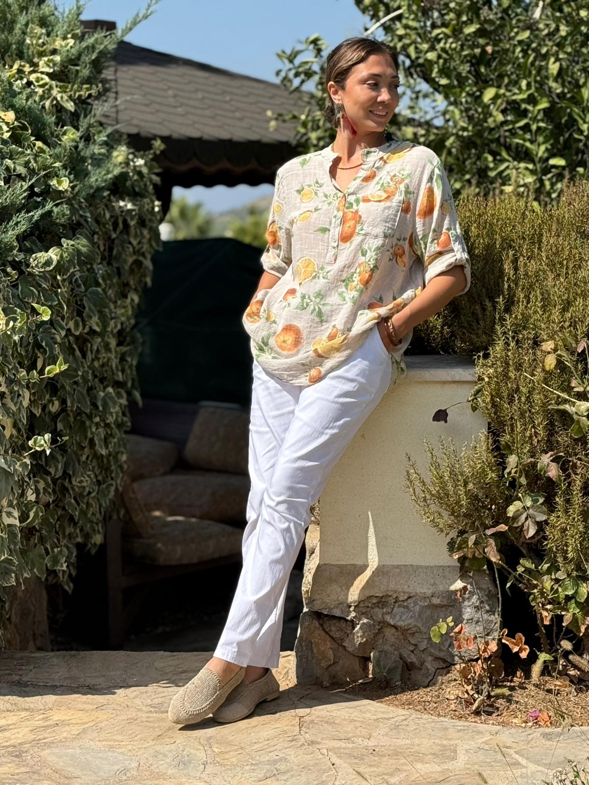 NC154553 İtalyan Pamuk Keten Bluz Krem