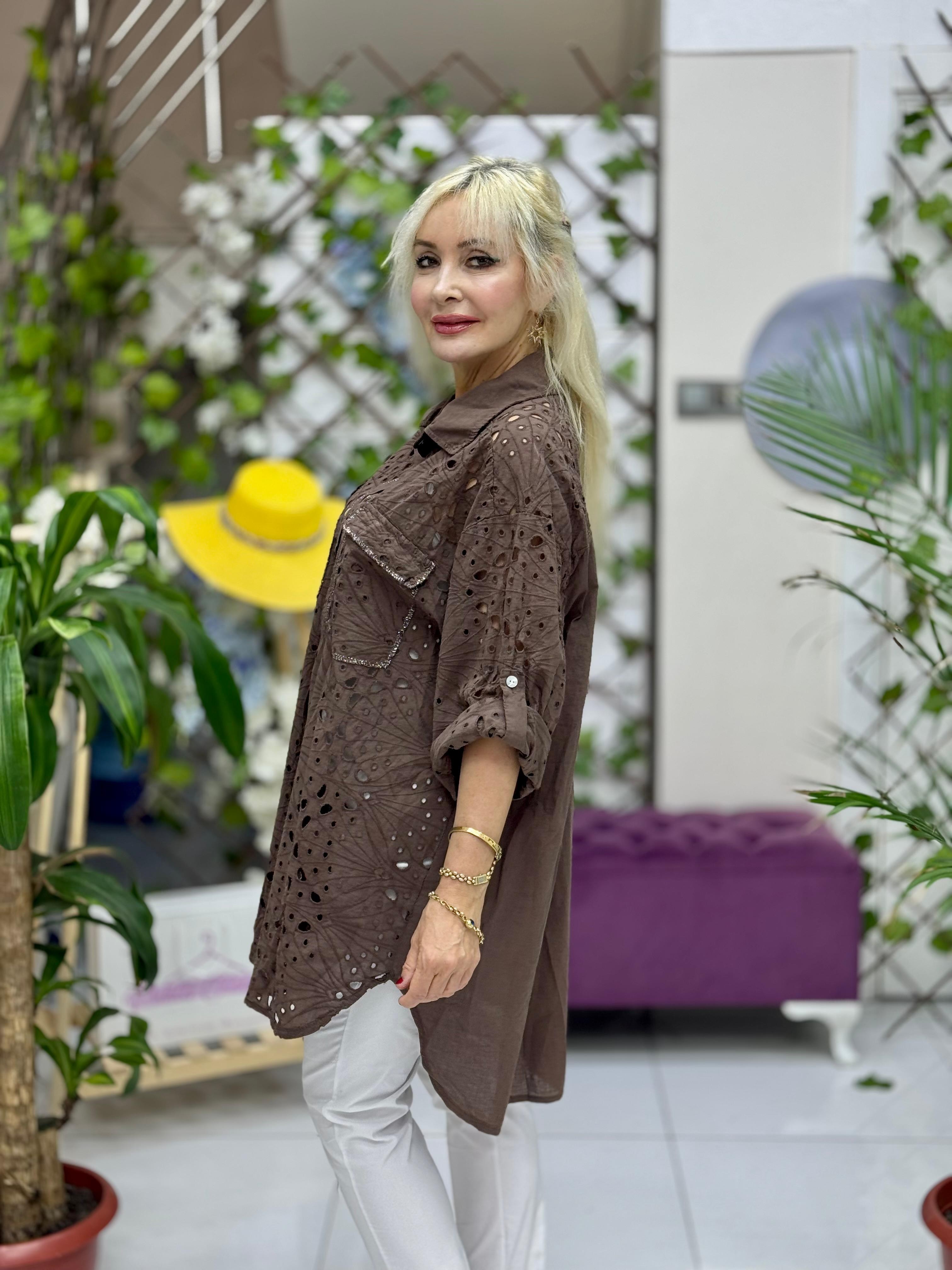 YG9527 İtalyan Brodeli Coton Gömlek Kahve