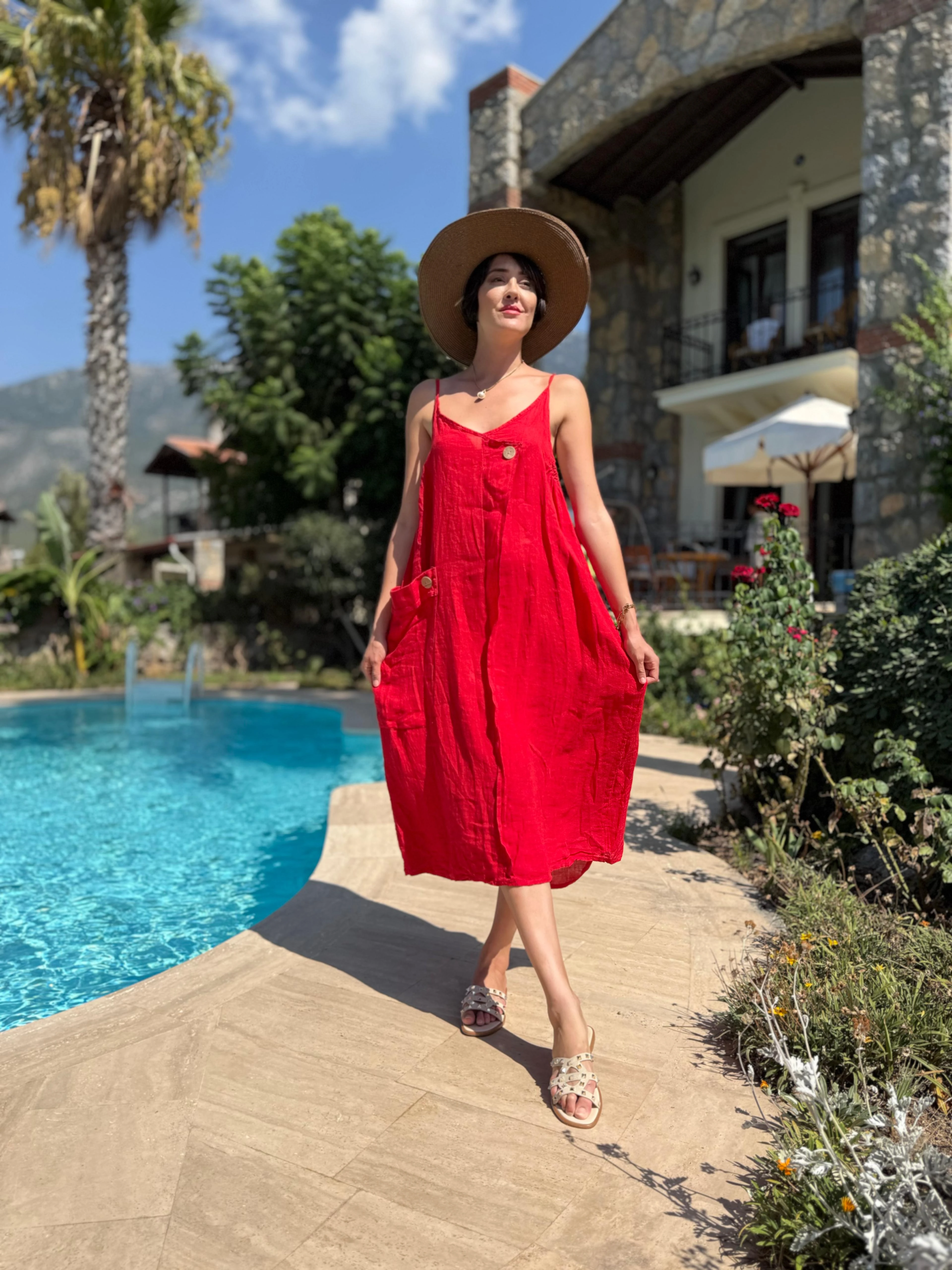 YG205040 İtalyan Keten Elbise Kırmızı