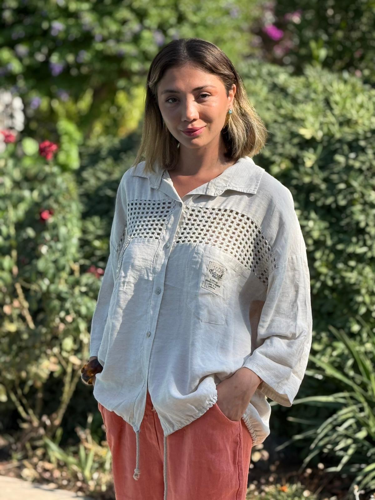 N23003 Blusa Lino Algodón Italiano Visón