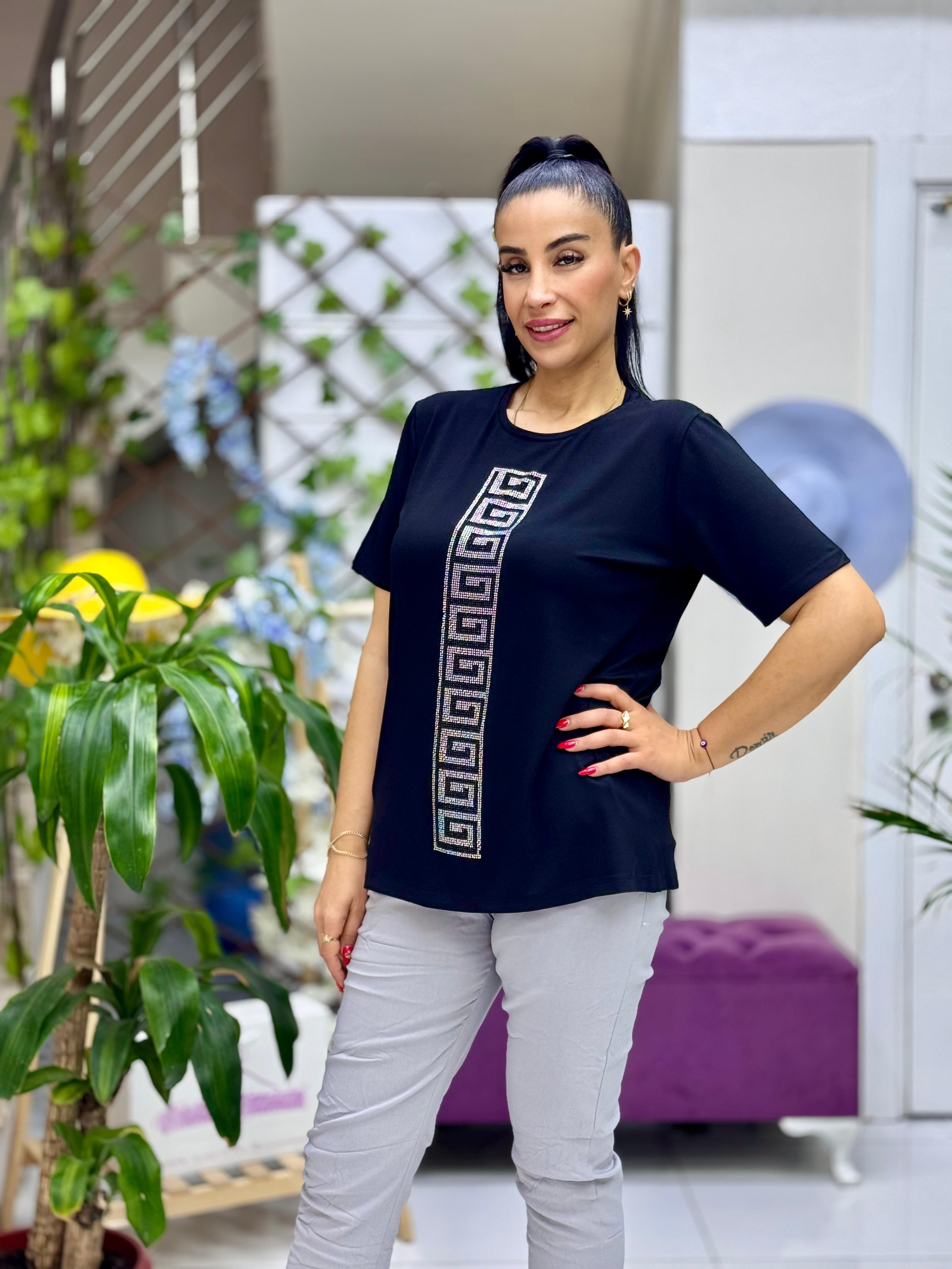 MS4222 Şerit Desenli  Penye Bluz Siyah