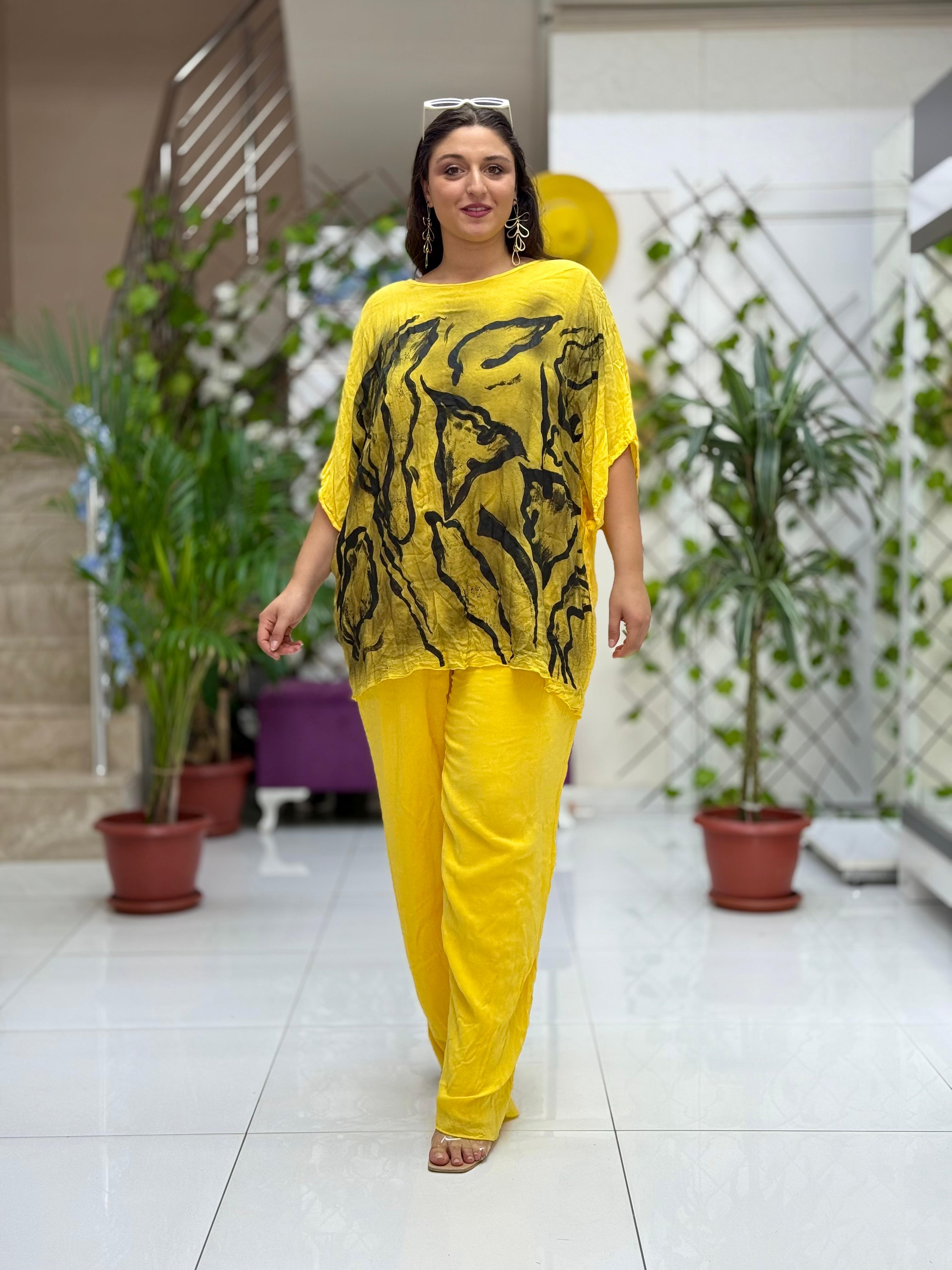 VL3009 Yarasa Kol Baskılı Vual Bluz Sarı