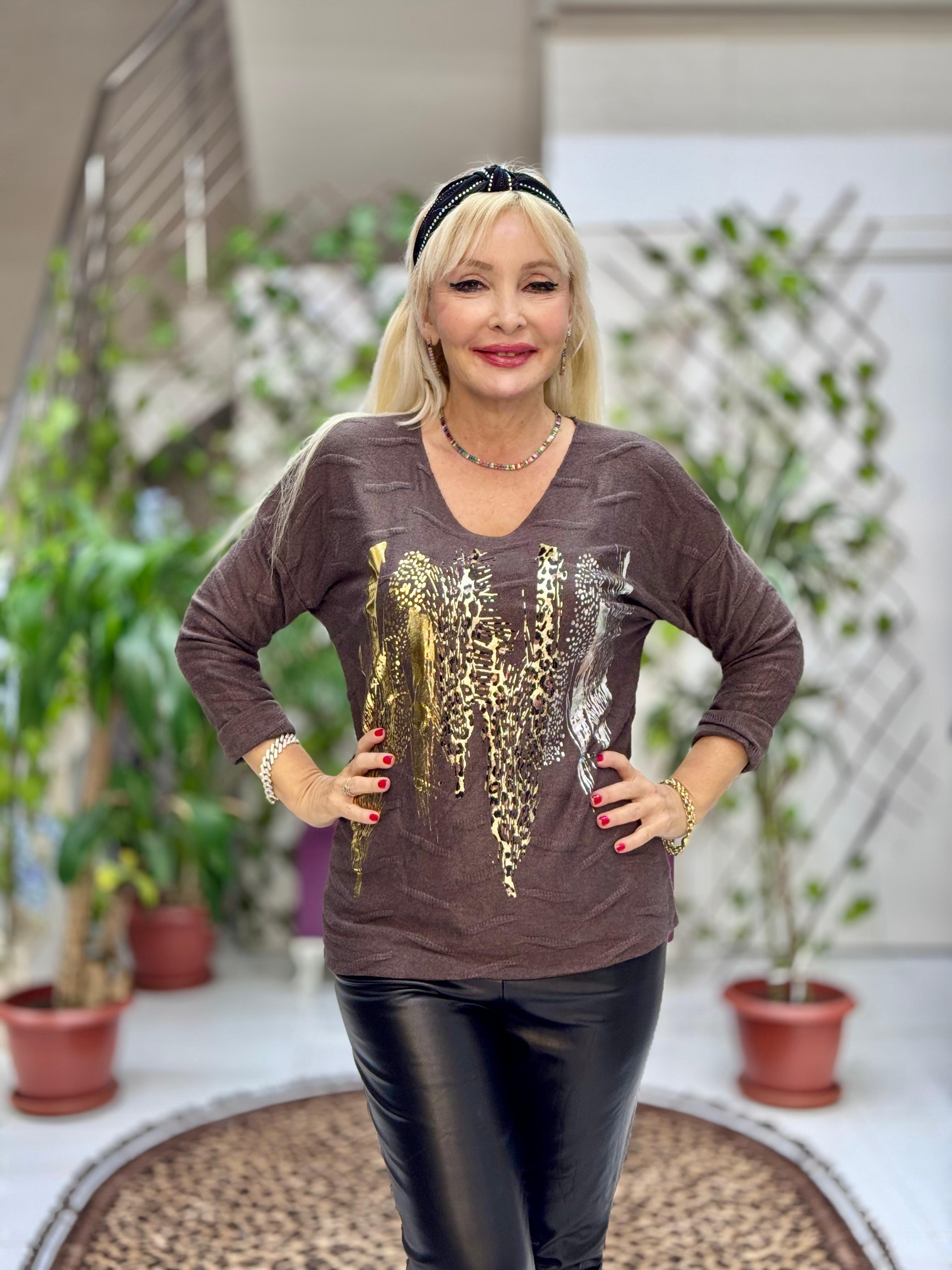 YG11716 Leopar Baskılı Kendinden Desenli İtalyan Triko Bluz Kahverengi