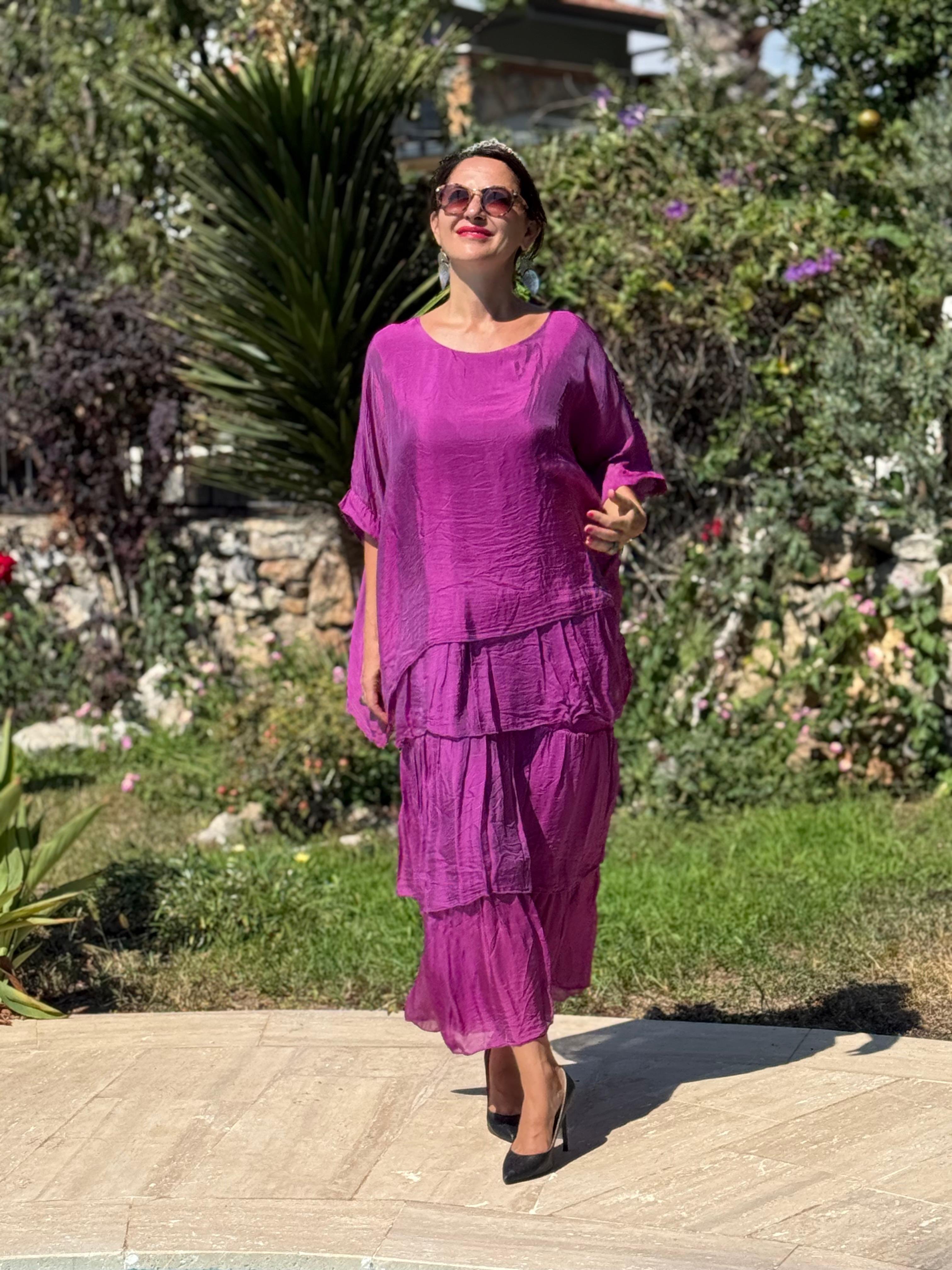 NC64740 İtalyan Katlı İpek Elbise Eflatun